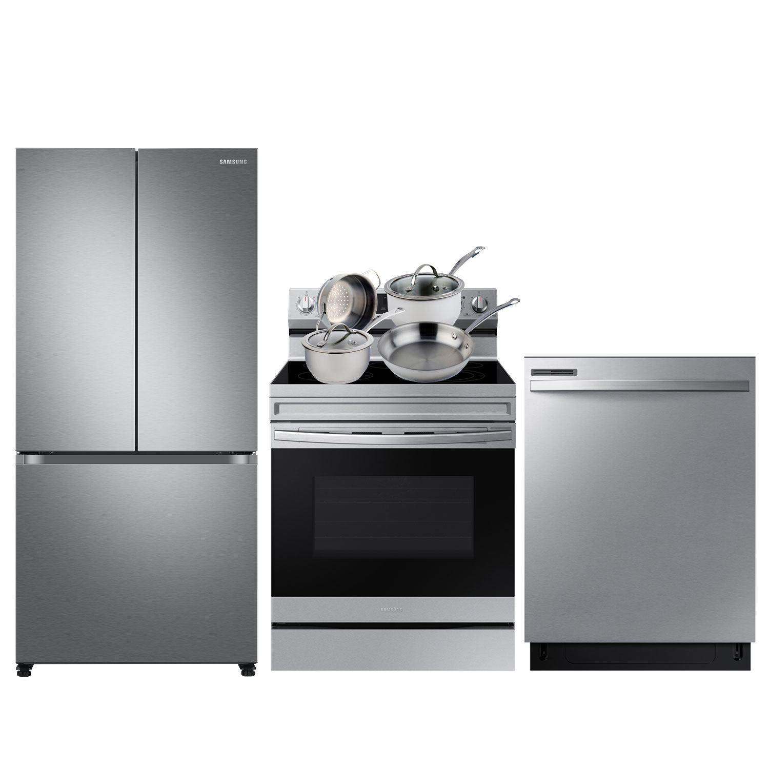 Samsung 33" 17.5 Cu. Ft. French Door Refrigerator; Electric Air Fry Range; Dishwasher; Cookware Set - SS