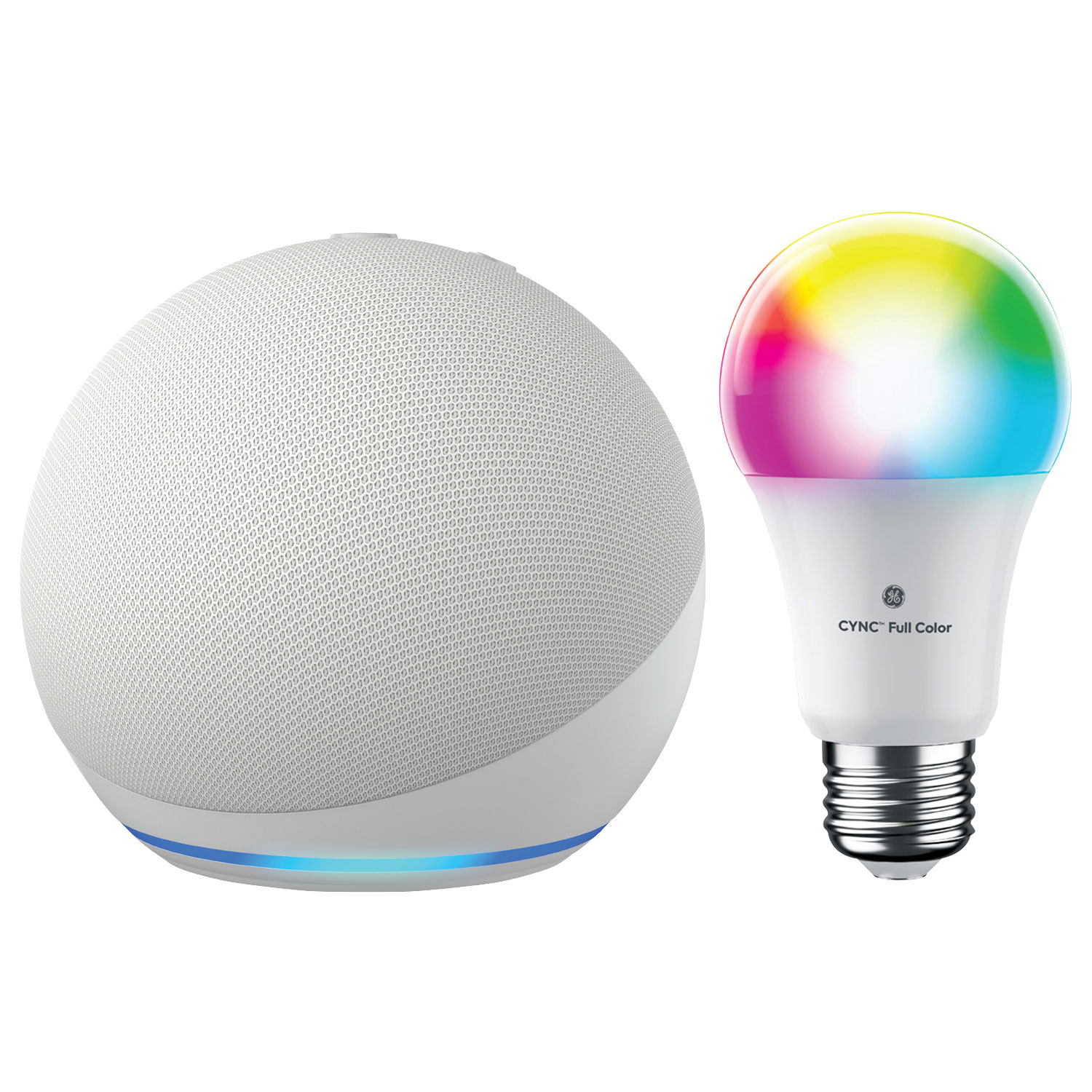 Amazon Echo Dot (5th Gen) Smart Speaker & GE Cync A19 Smart LED Light Bulb - Glacier White/Multi-Colour