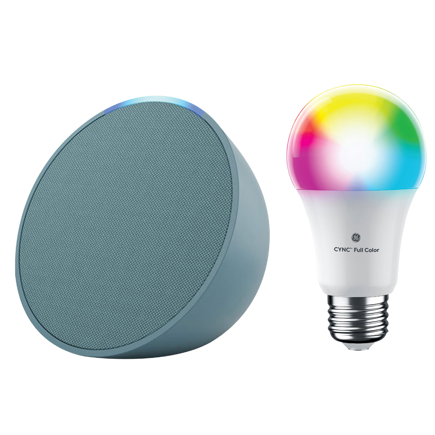 Haut-parleur intelligent Echo Pop d'Amazon et ampoule DEL intelligente Cync A19 de GE - Sarcelle foncé/Multicolore