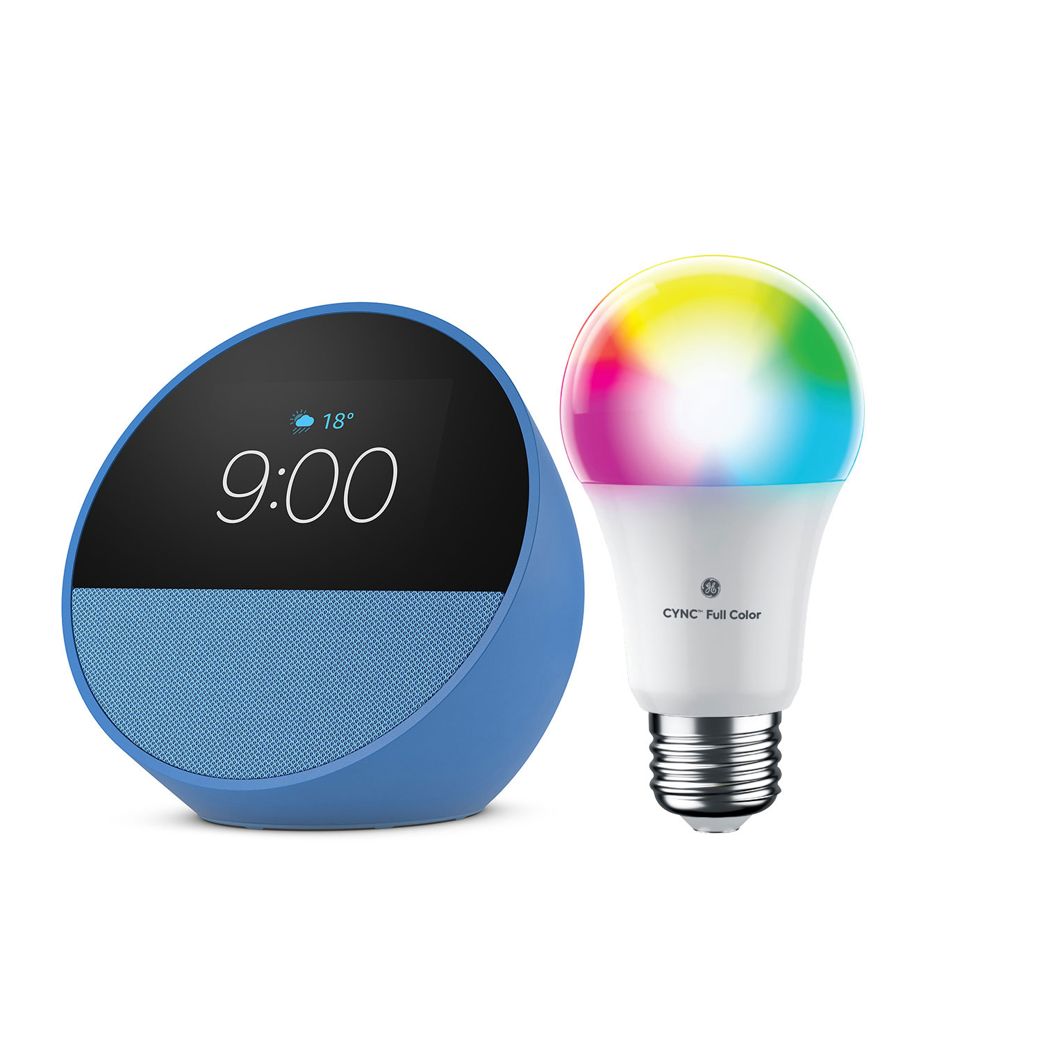 Réveille-matin intelligent Echo Spot d'Amazon avec Alexa et ampoule DEL intelligente - Bleu/Multicolore