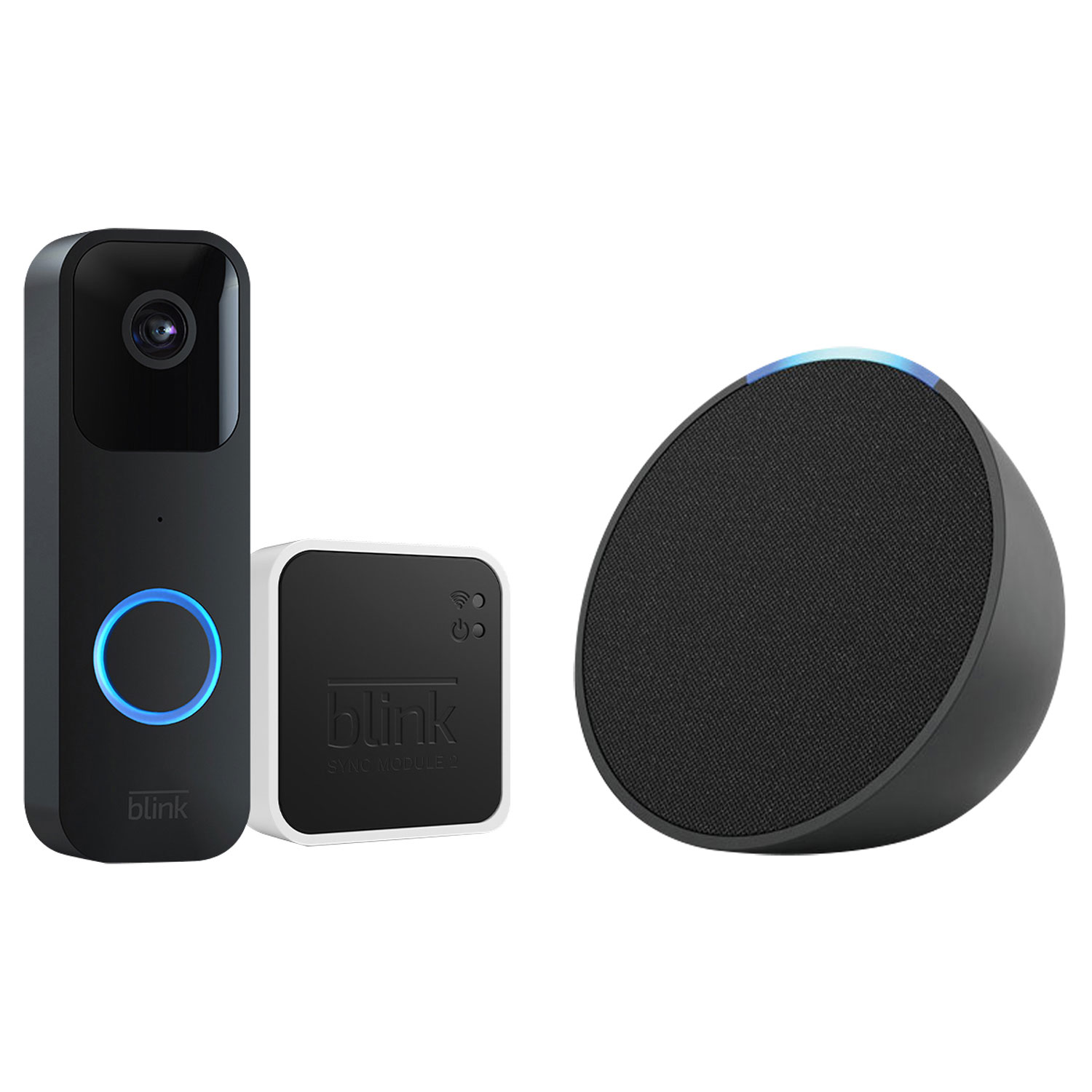 Blink Wired/Wire-Free Video Doorbell with Sync Module 2 & Amazon Echo Pop Smart Speaker - Black/Charcoal