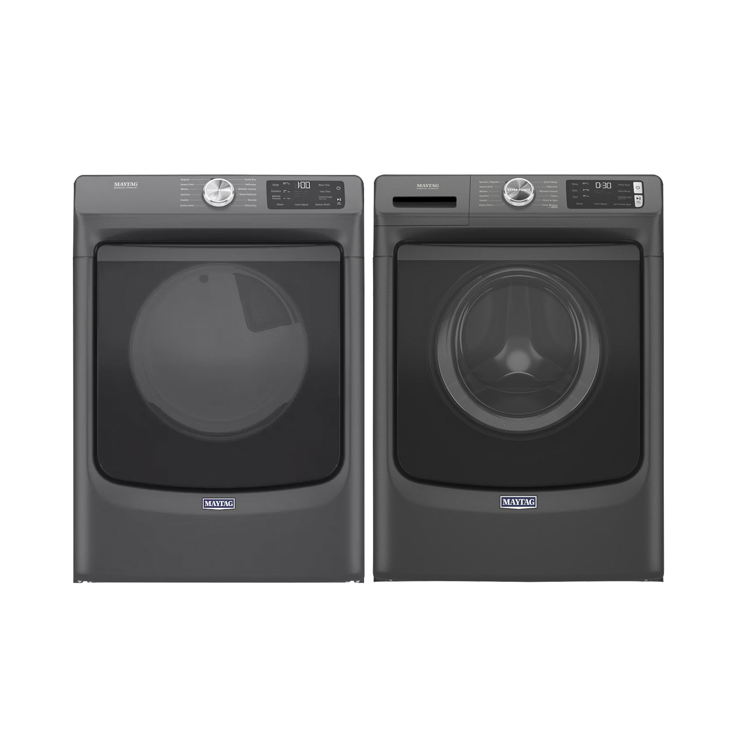 Sécheuse à vapeur au gaz de 7,3 pi³ et laveuse à vapeur à chargement frontal de 5,5 pi³ de Maytag - Noir volcan