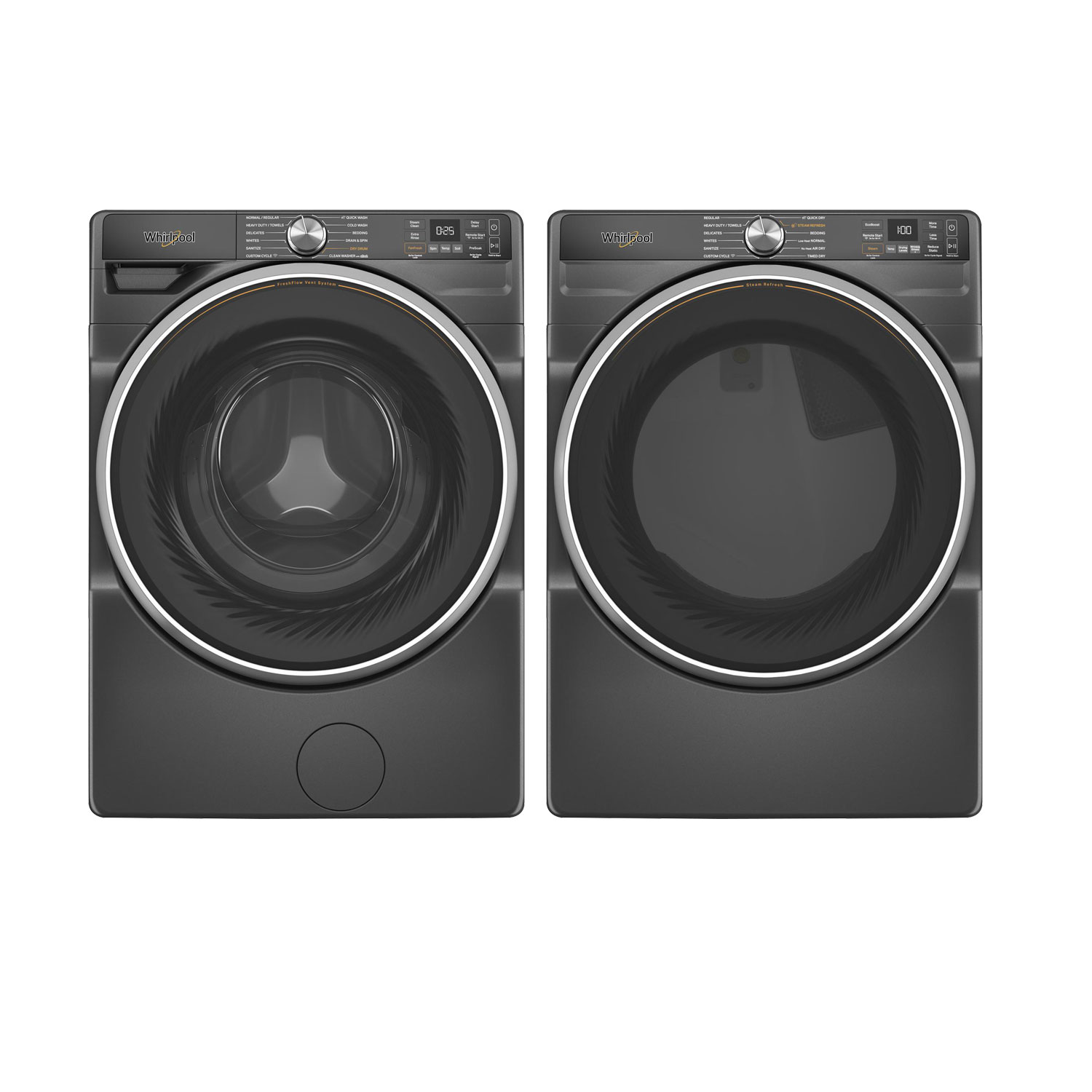 Whirlpool 5.0 Cu. Ft. Front Load Steam Washer & 7.4 Cu. Ft. Electric Steam Dryer- Volcano Black