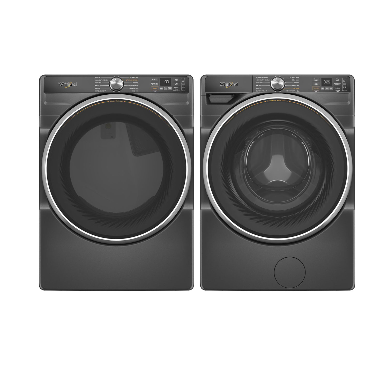 Whirlpool 7.4 Cu. Ft. Gas Steam Dryer & 5.0 Cu. Ft. Front Load Steam Washer - Volcano Black