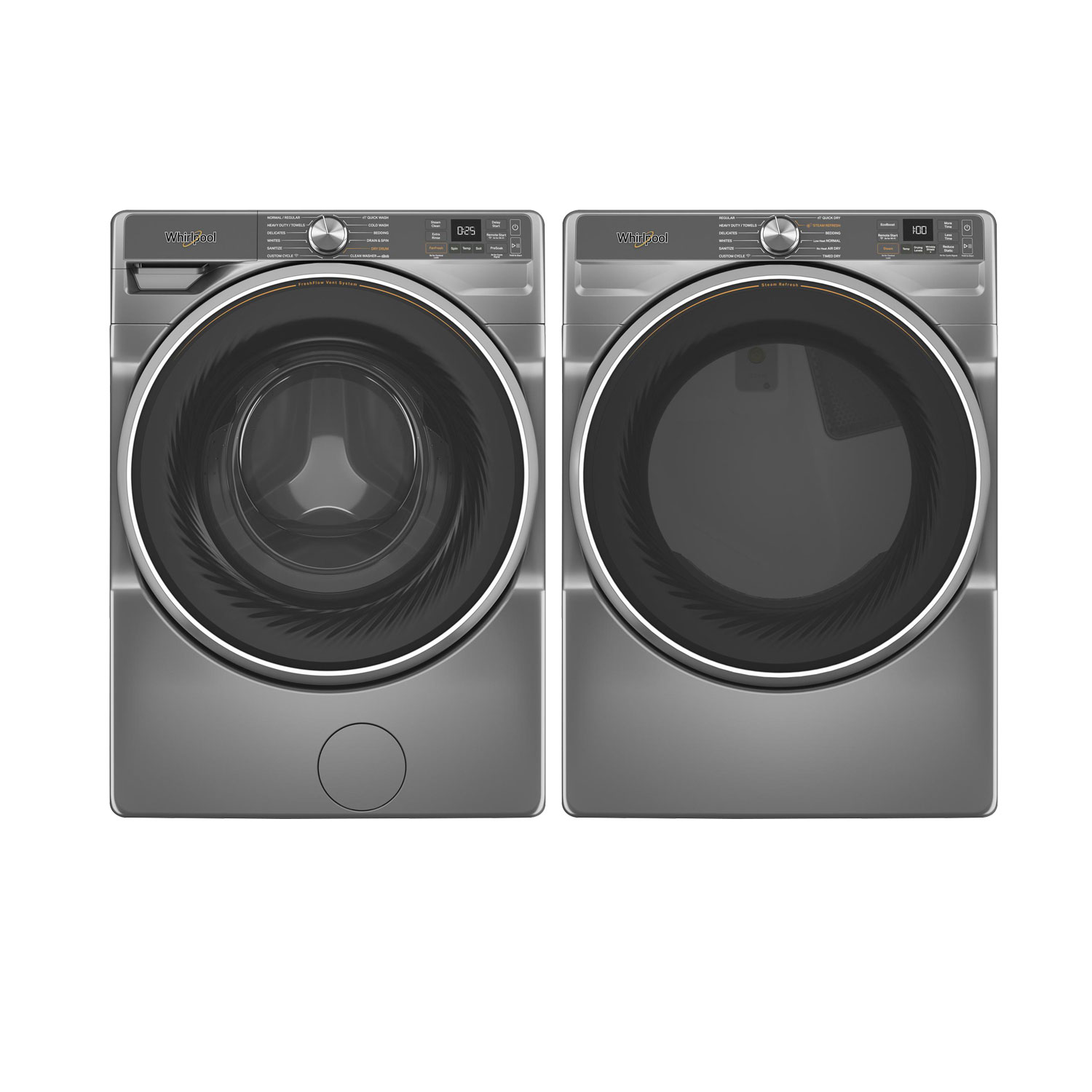 Whirlpool 5.0 Cu. Ft. Front Load Steam Washer & 7.4 Cu.Ft. Electric Steam Dryer- Radiant Silver