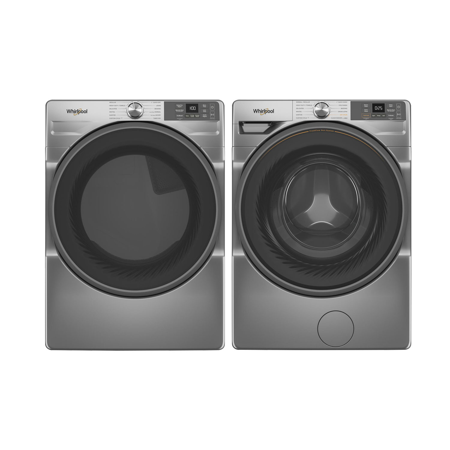 Sécheuse à vapeur au gaz de 7,4 pi³ et laveuse à vapeur à chargement frontal de 4,5 pi³ de Whirlpool - Argenté rayonnant