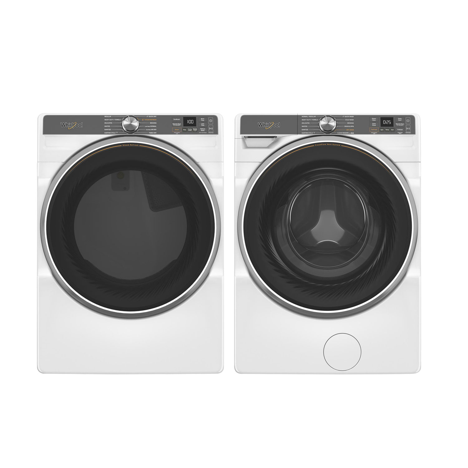 Sécheuse à vapeur au gaz de 7,4 pi³ et laveuse à vapeur à chargement frontal de 5,0 pi³ de Whirlpool - Blanc