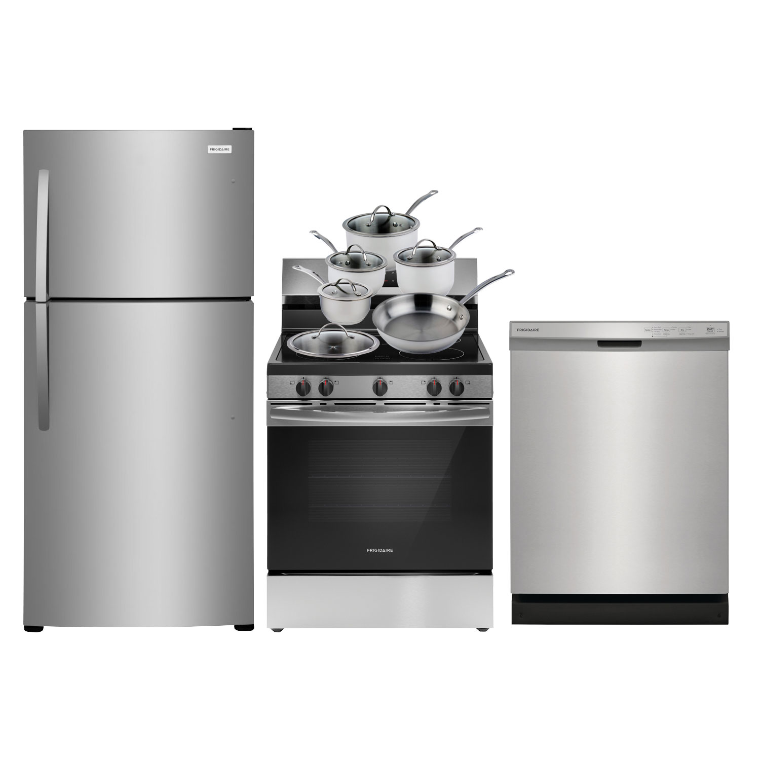 Frigidaire 30" 20 Cu. Ft. Top Freezer Refrigerator; Range; Dishwasher; Cookware Set; - Stainless Steel