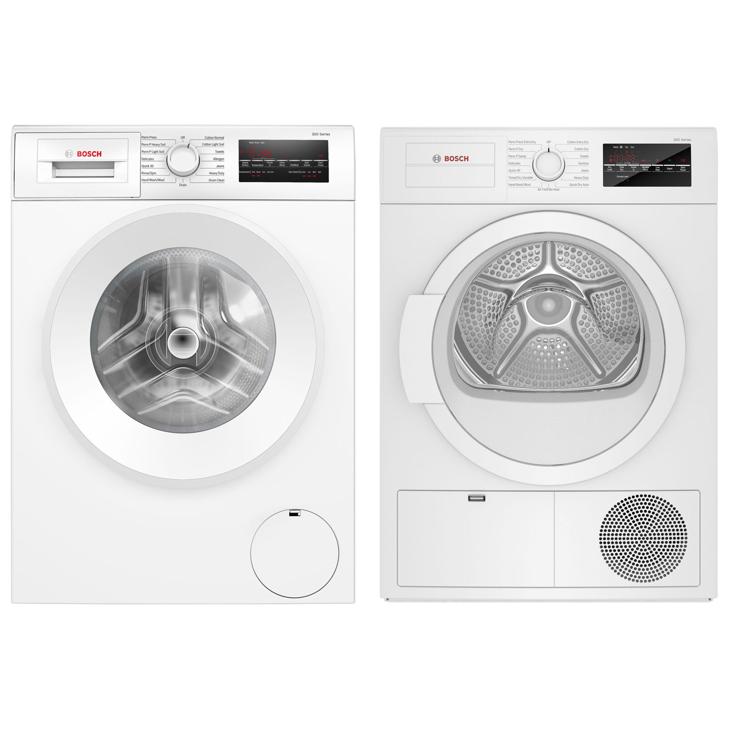 Laveuse à chargement frontal compacte HE 2,2 pi³ et sécheuse à condensateur électrique 4 pi³ série 300 de Bosch - Blanc