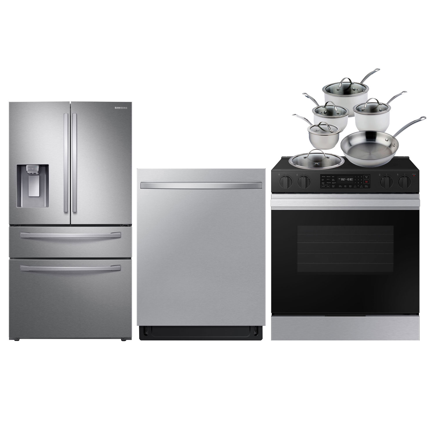 Samsung 36" 28 Cu. Ft. French Door Refrigerator; Electric Range; Dishwasher; Cookware Set - Stainless