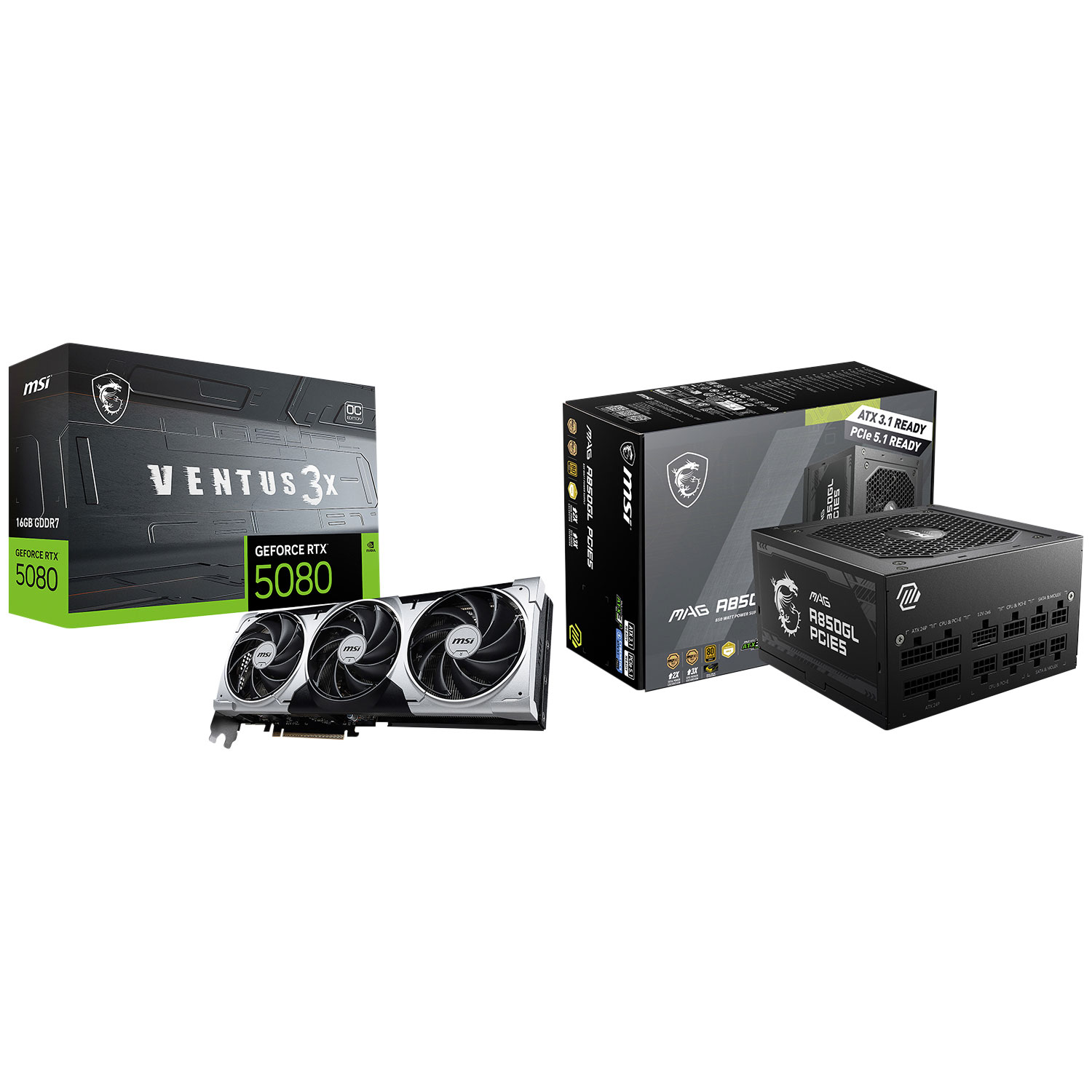 MSI GeForce RTX 5080 Ventus 3X OC PLUS 16GB GDDR7 Video Card & MAG A850GL 850W Fully Modular Power Supply
