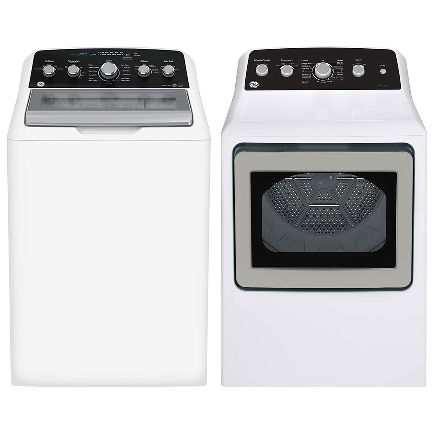 Laveuse à chargement par le haut de 4,9 pi³ et sécheuse électrique de 7,2 pi³ de GE - Blanc