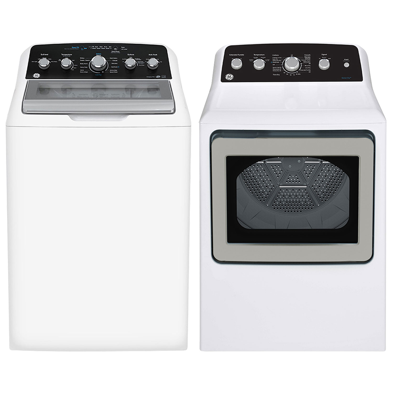 Laveuse à chargement par le haut de 4,9 pi³ et sécheuse à gaz de 7,2 pi³ de GE - Blanc