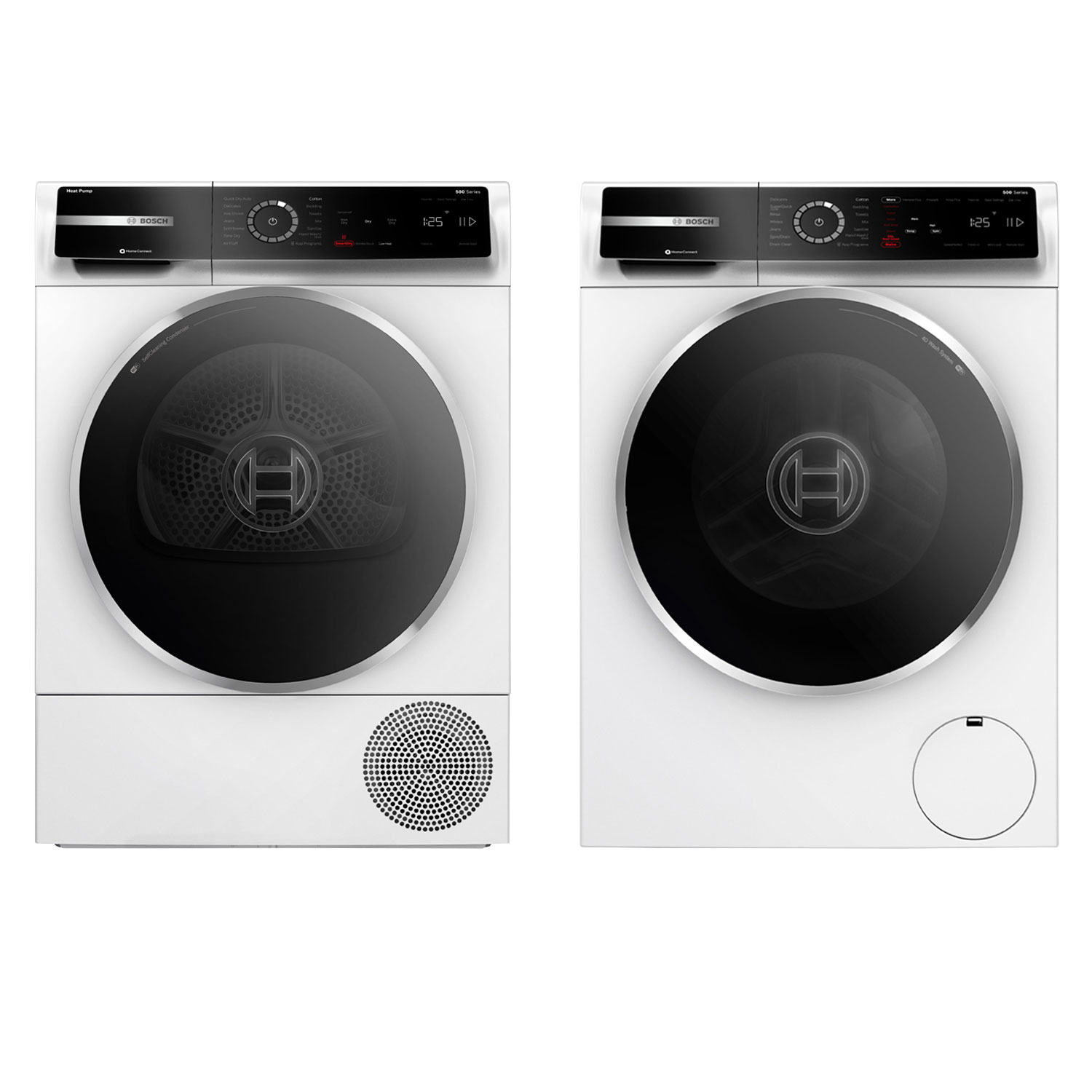 Laveuse à chargement frontal compacte HE 2,4 pi³ série 500 et sécheuse électrique avec pompe à chaleur 4 pi³ de Bosch - Blanc