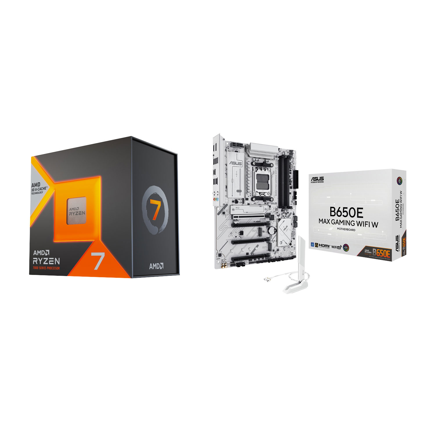Processeur octocoeur Ryzen 7 7800X3D 4,2 GHz AM5 d'AMD et carte mère B650E MAX Gaming Wi-Fi AMD AM5 DDR5 d'ASUS