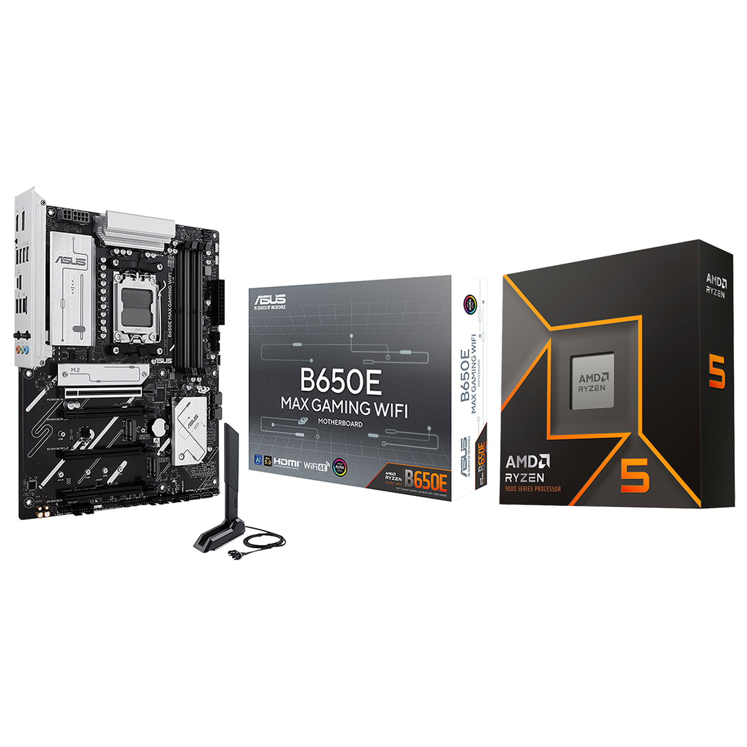 Processeur hexacoeur 5,4 GHz Ryzen 5 9600X AM5 d'AMD et carte mère DDR5 AM5 Wi-Fi AMD B650E MAX Gaming d'ASUS