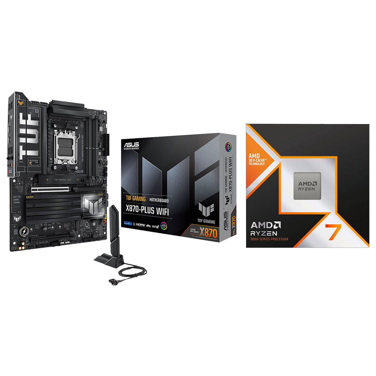 Processeur octocoeur 5,2 GHz Ryzen 7 9800X3D AM5 d'AMD et carte mère TUF GAMING X870-PLUS Wi-Fi 7 ATX AM5 d'ASUS