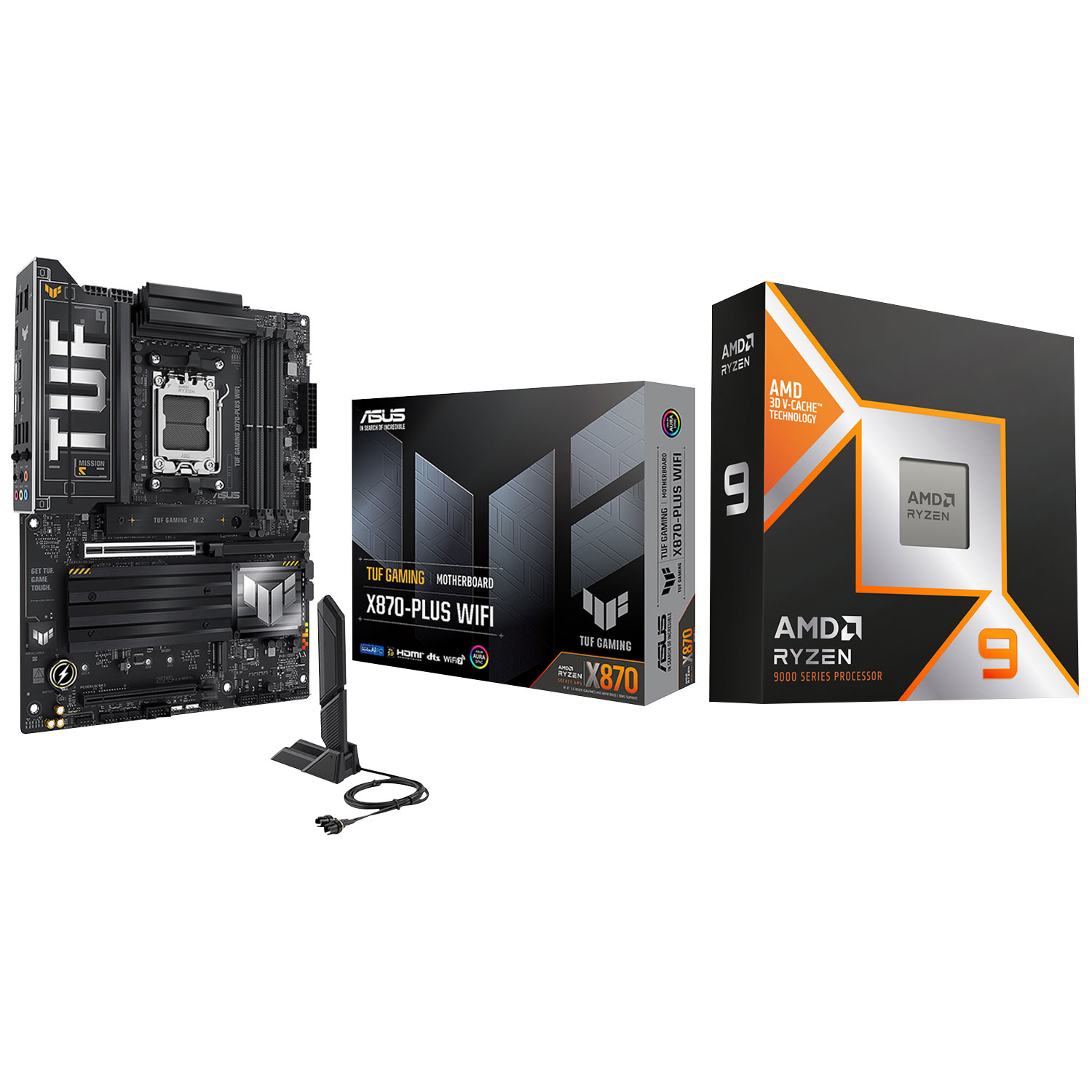 Processeur 16 coeurs 5,7 GHz Ryzen 9 9950X3D AM5 d'AMD et carte mère TUF GAMING X870-PLUS Wi-Fi 7 ATX AM5 d'ASUS