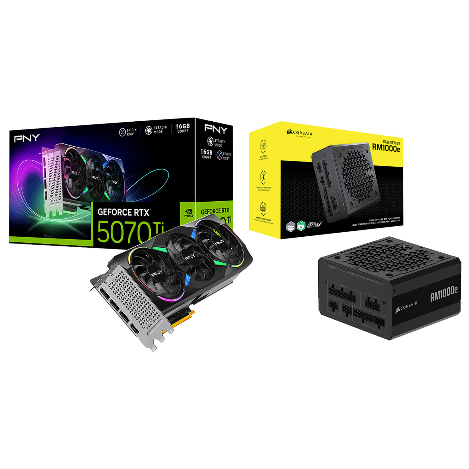 PNY GeForce RTX 5070 Ti ARGB Epic-X RGB OC Triple-Fan 16GB GDDR7 Video Card with 1000-Watt ATX Modular Power Supply