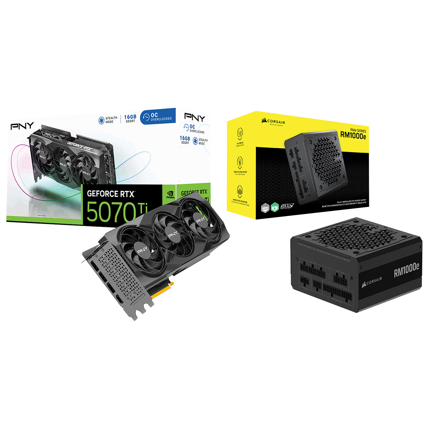 PNY GeForce RTX 5070 Ti OC Triple Fan 16GB GDDR7 Video Card with 1000-Watt ATX Modular Power Supply