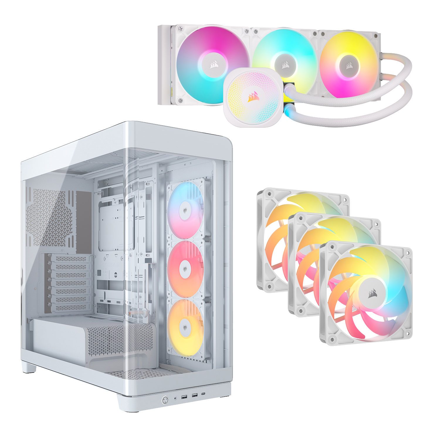 Système de refroidissement liquide de processeur iCUE LINK Titan RX RVB 360 mm de Corsair avec tour ATX et trois ventilateurs inversés MID - Blanc