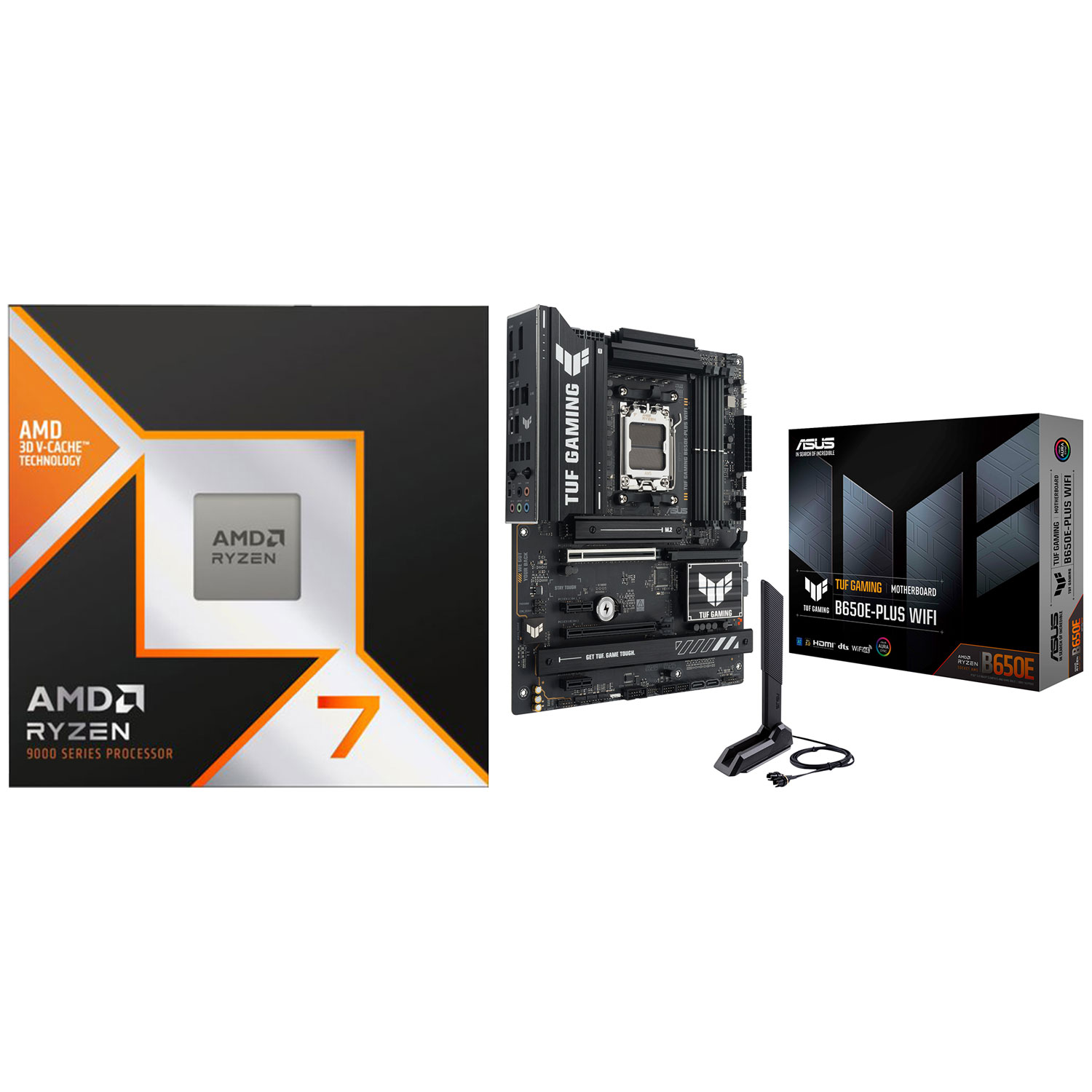 Processeur octocoeur Ryzen 7 9800X3D 5,2 GHz AM5 d'AMD et carte mère TUF Gaming B650E-PLUS Wi-Fi 6E AM5 DDR5 d'ASUS