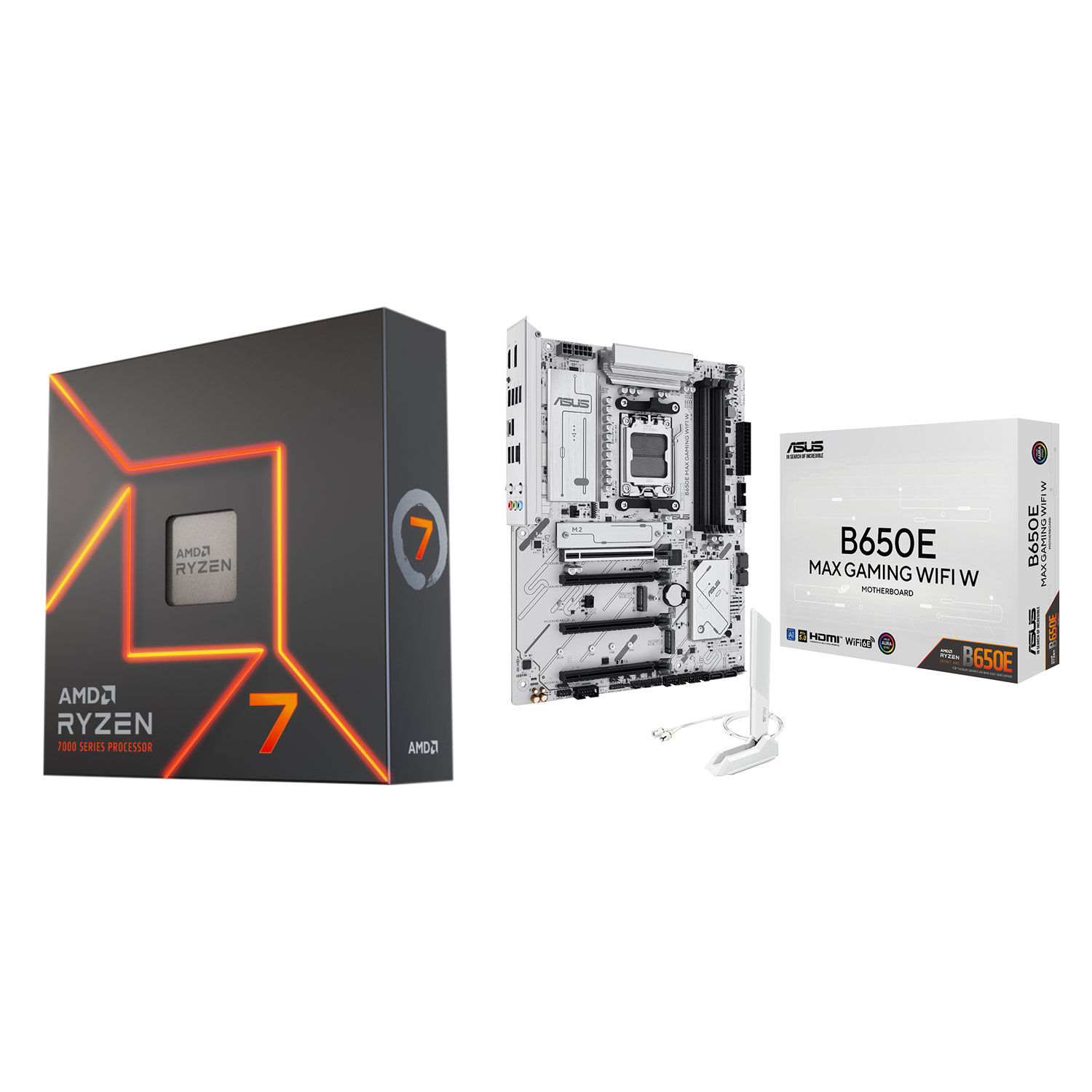 Processeur octocoeur Ryzen 7 7700X 4,5 GHz AM5 d'AMD et carte mère B650E MAX Gaming Wi-Fi AMD AM5 DDR5 d'ASUS