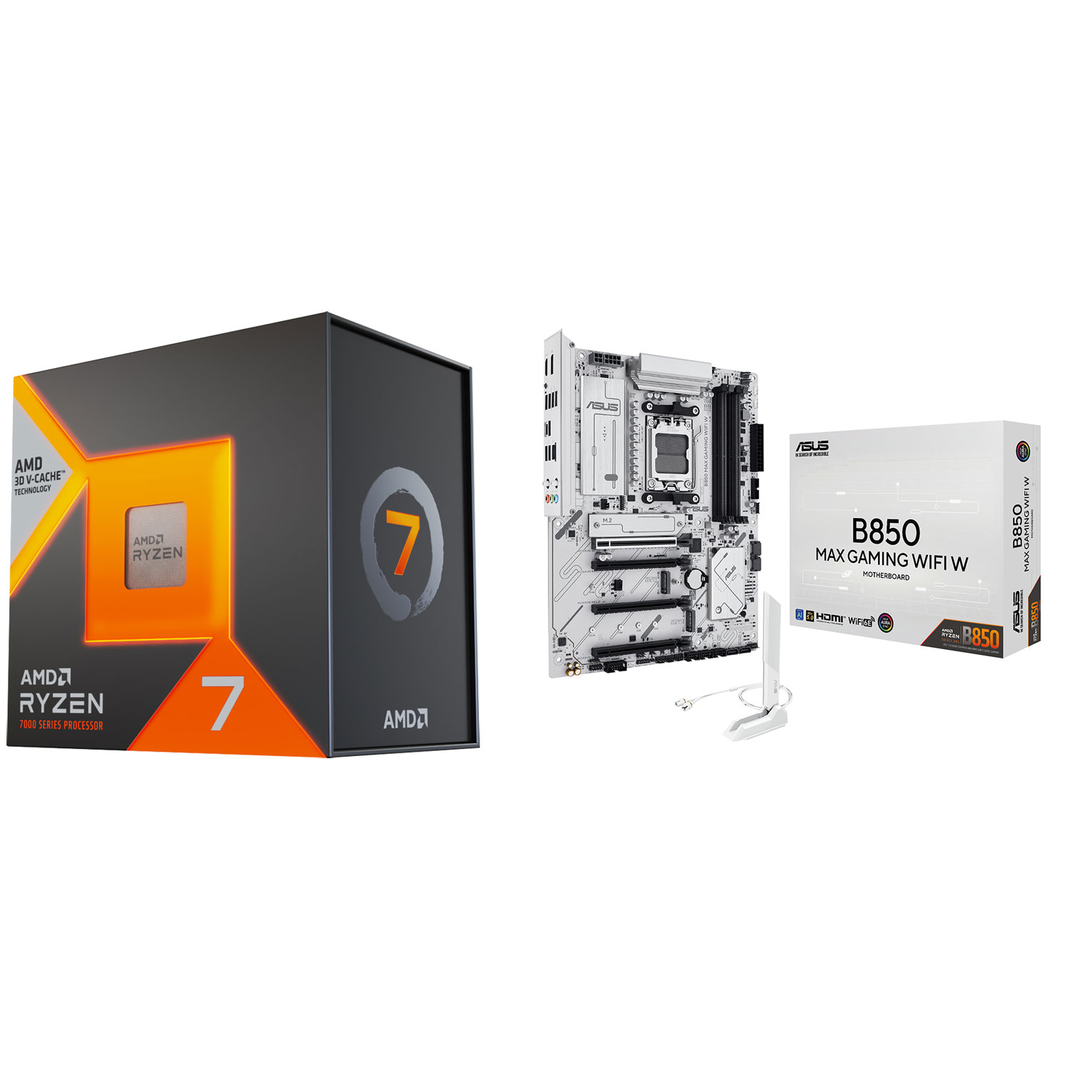 Processeur octocoeur Ryzen 7 7800X3D de 4,2 GHz AM5 d'AMD et carte mère B850 Max Gaming Wi-Fi W ATX AM5 d'ASUS