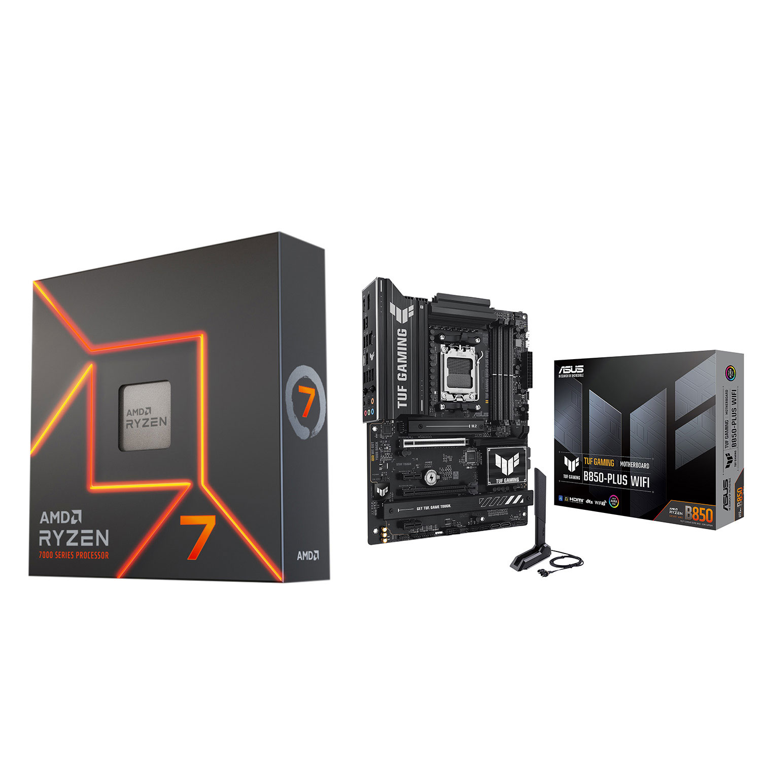 Processeur octocoeur AM5 4,5 GHz Ryzen 7 7700X d'AMD et carte mère TUF Gaming B850-Plus Wi-Fi 7 ATX AM5 DDR5 d'ASUS