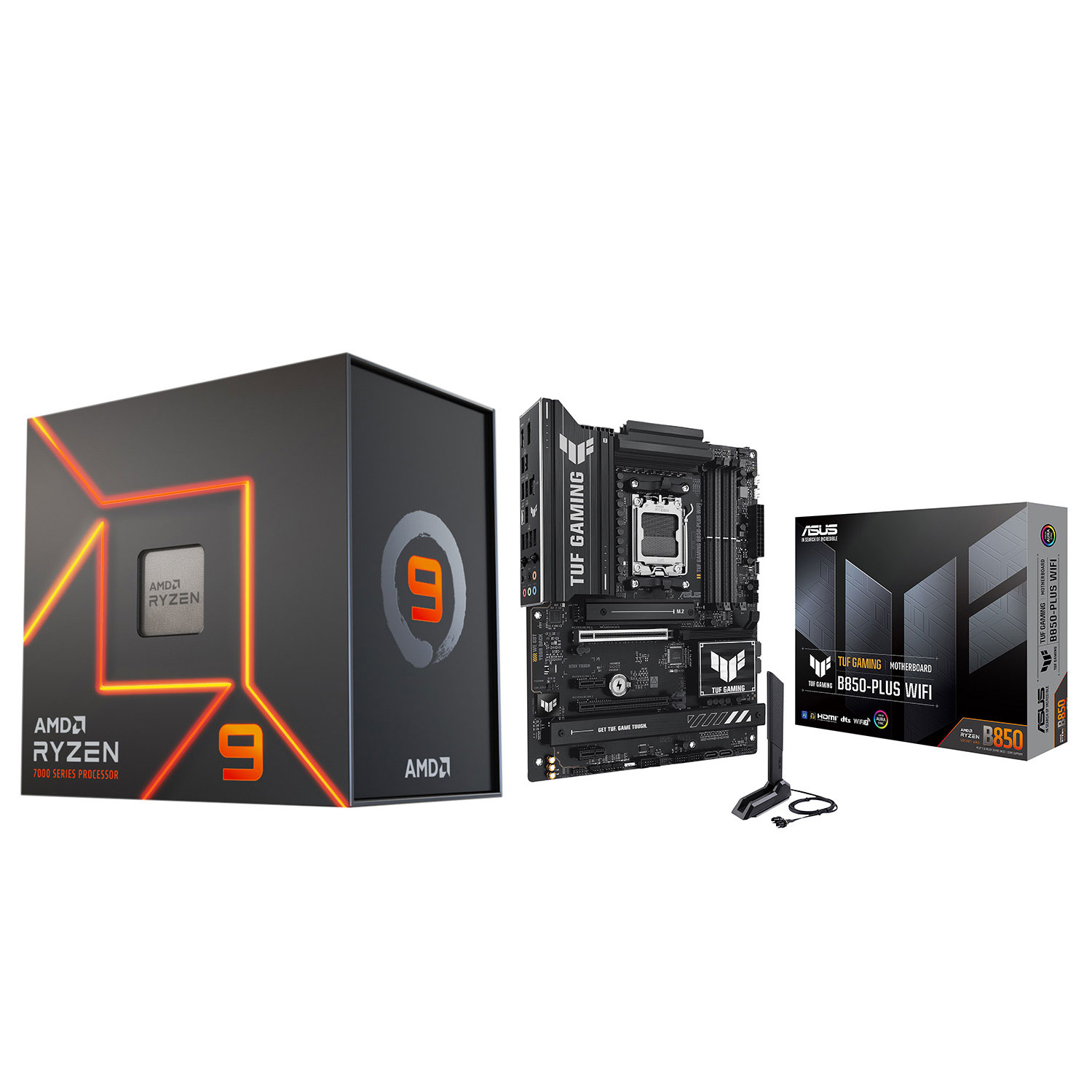 Processeur 12 coeurs Ryzen 9 7900X 4,7 GHz AM5 d'AMD et carte mère TUF Gaming B850-Plus Wi-Fi 7 ATX AM5 DDR5 d'ASUS