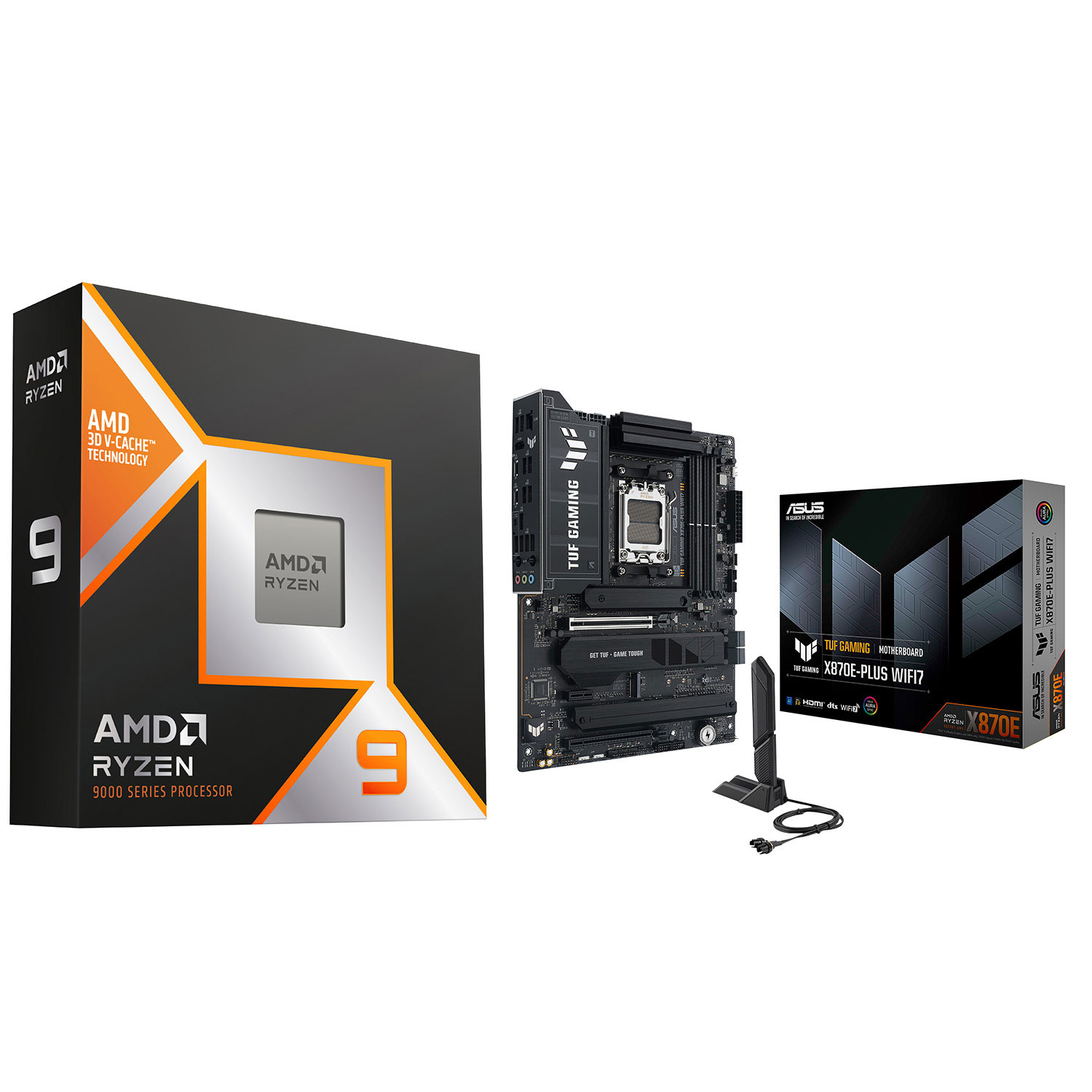 Processeur 16 coeurs Ryzen 9 9950X3D AM5 d'AMD et carte mère TUF GAMING X870E-PLUS Wi-Fi 7 AM5 DDR5 d'ASUS