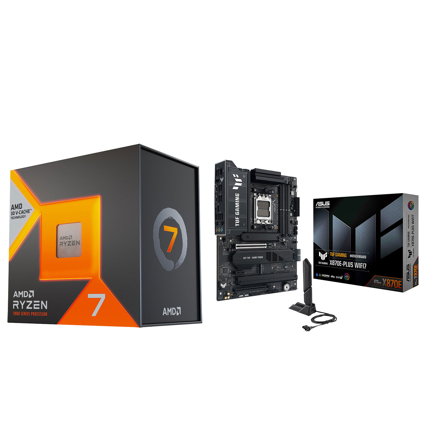 Processeur octocoeur Ryzen 7 7800X3D 4,2 GHz AM5 d'AMD et carte mère TUF GAMING X870E-PLUS Wi-Fi 7 AM5 DDR5 d'ASUS