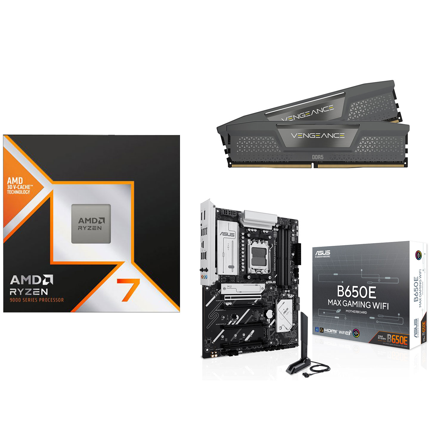 Processeur Ryzen 7 9800X3D d'AMD, mémoire d'ordinateur de bureau Vengeance 32 Go DDR5 6400 MHz de Corsair et carte mère B650E MAX d'ASUS