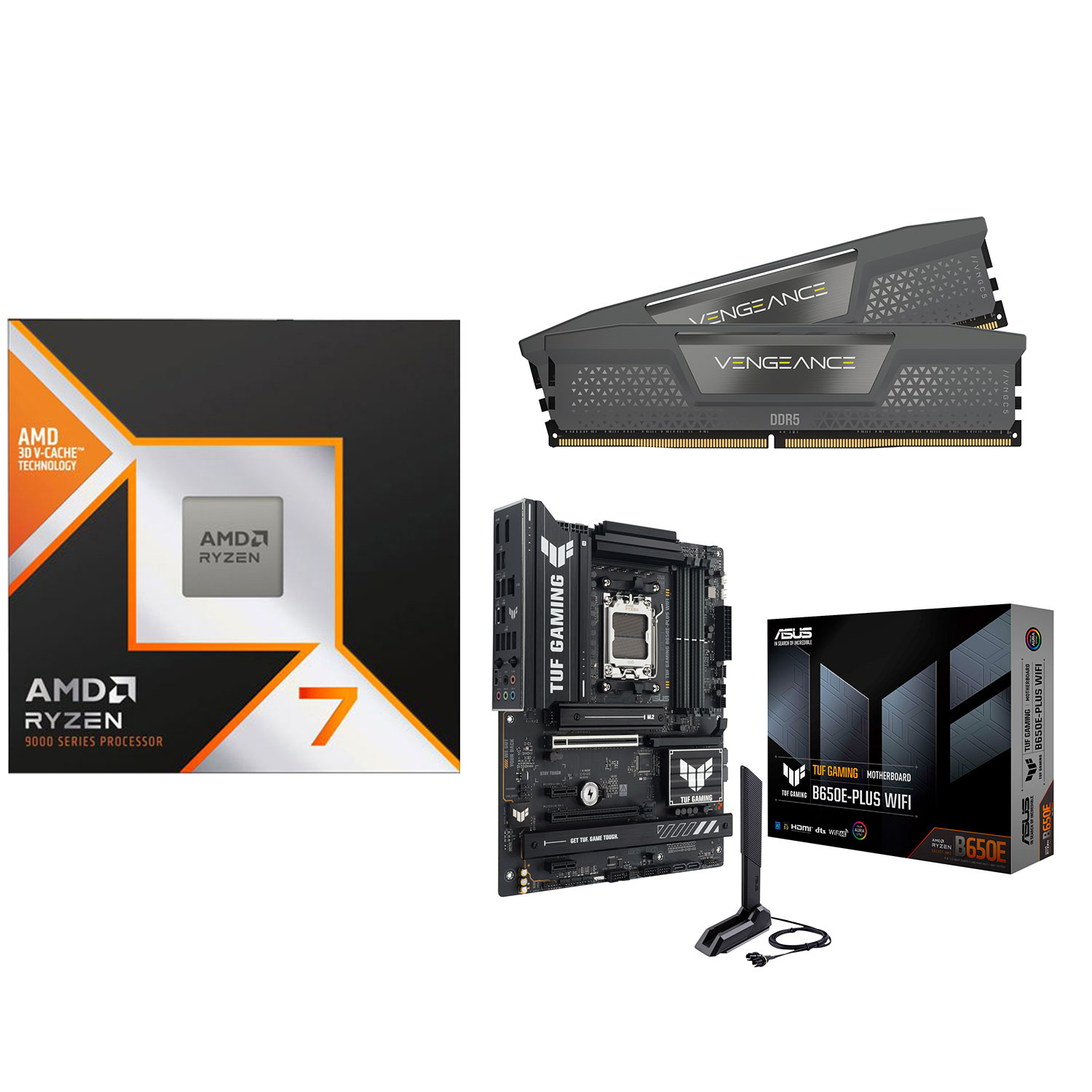 Processeur Ryzen 7 9800X3D d'AMD, mémoire d'ordinateur de bureau Vengeance 32 Go DDR5 6000 MHz de Corsair et carte mère de jeu TUF d'ASUS