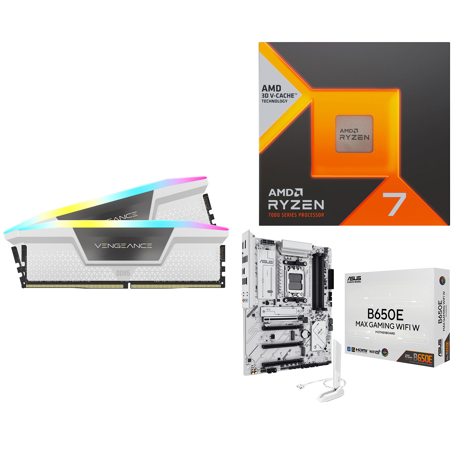 Mémoire d'ordinateur de bureau Vengeance RGB 64 Go DDR5 6000 MHz de Corsair, carte mère B650E MAX Gaming d'ASUS et processeur Ryzen 7 7800X3D d'AMD