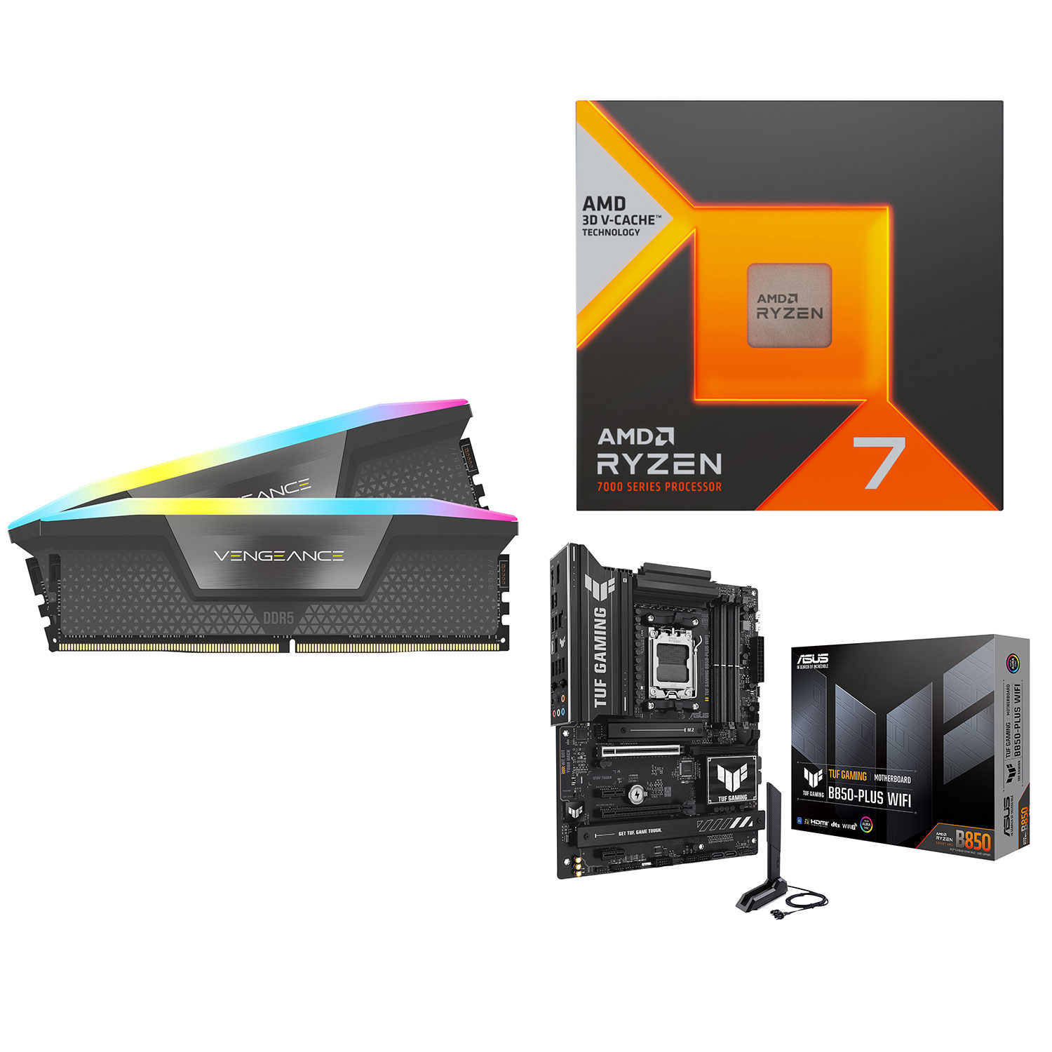 Mémoire d'ordinateur de bureau Vengeance RGB 32 Go DDR5 6400 MHz de Corsair, carte mère TUF Gaming d'ASUS et processeur Ryzen 7 7800X3D d'AMD