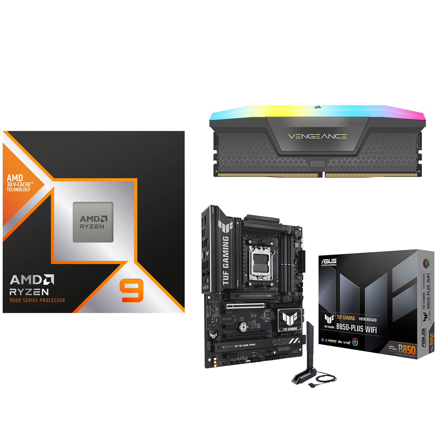 Processeur Ryzen 9 9950X3D d'AMD, mémoire d'ordinateur de bureau Vengeance RGB 32 Go DDR5 6000 MHz de Corsair et carte mère de jeu TUF d'ASUS
