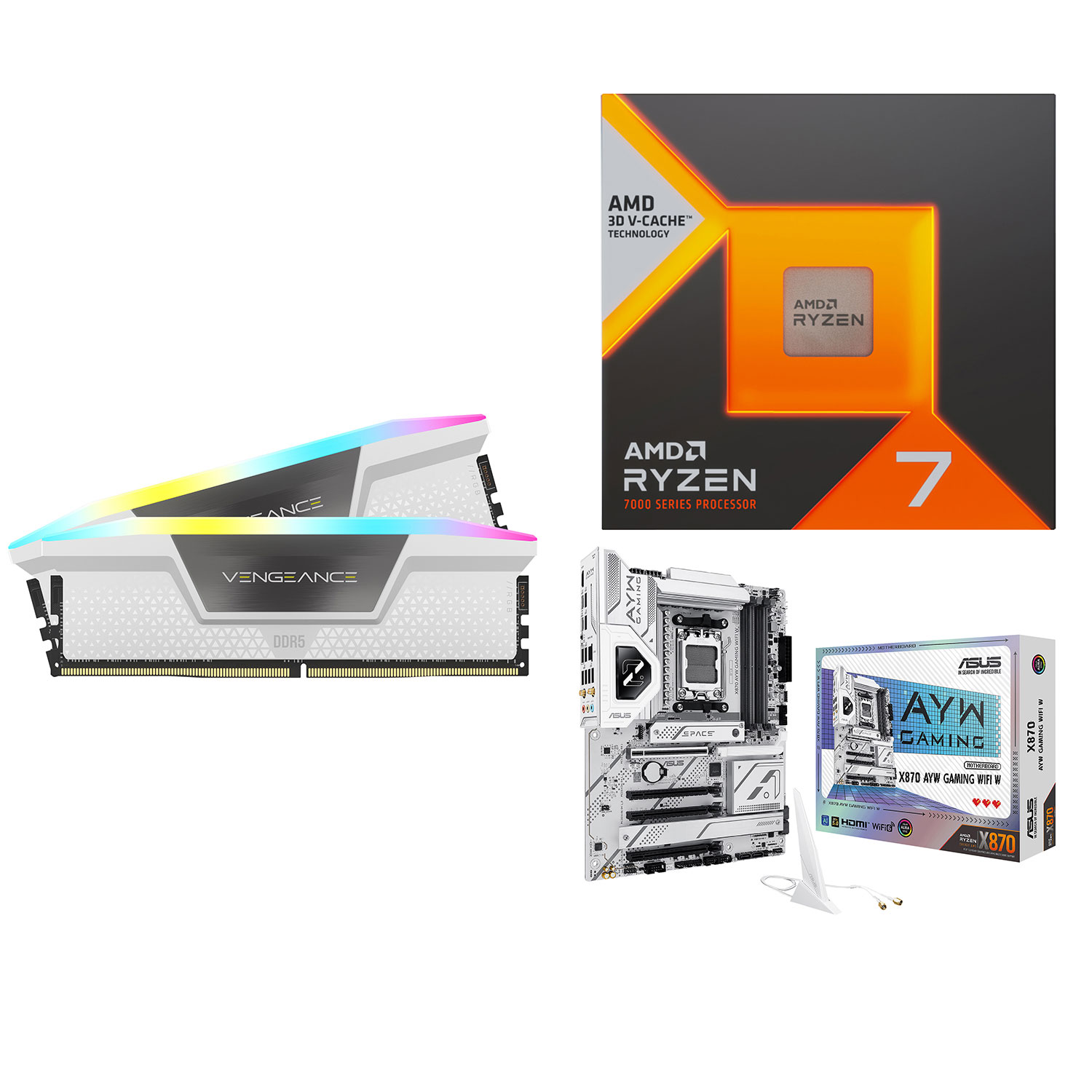 Mémoire d'ordinateur de bureau Vengeance RGB 64 Go DDR5 6000 MHz de Corsair, carte mère X870 AYW d'ASUS et processeur Ryzen 7 7800X3D d'AMD