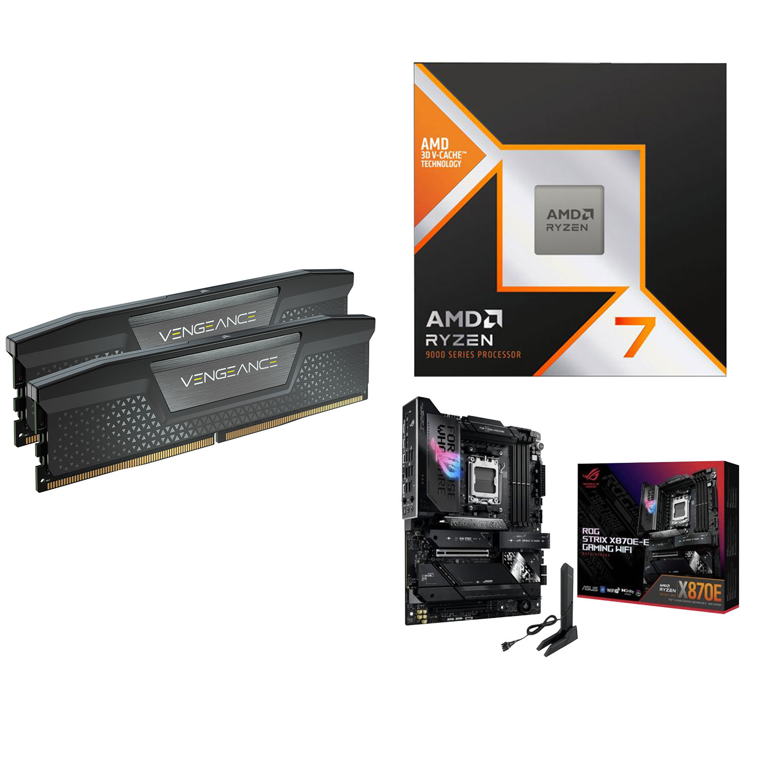 Mémoire d'ordinateur de bureau Vengeance 64 Go DDR5 6400 MHz de Corsair, carte mère de jeu ROG Strix d'ASUS et processeur Ryzen 7 9800X3D d'AMD