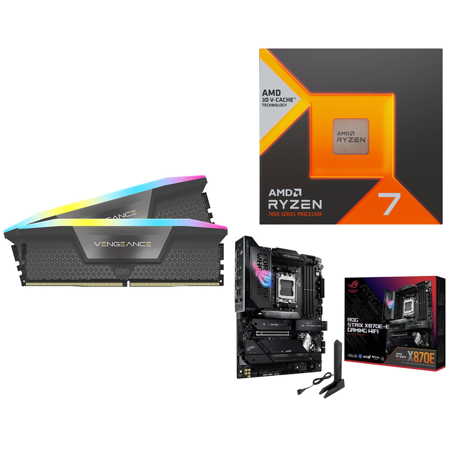 Mémoire d'ordinateur de bureau Vengeance RGB 64 RGB Go DDR5 6000 MHz de Corsair, carte mère de jeu ROG Strix d'ASUS et processeur Ryzen 7 7800X3D