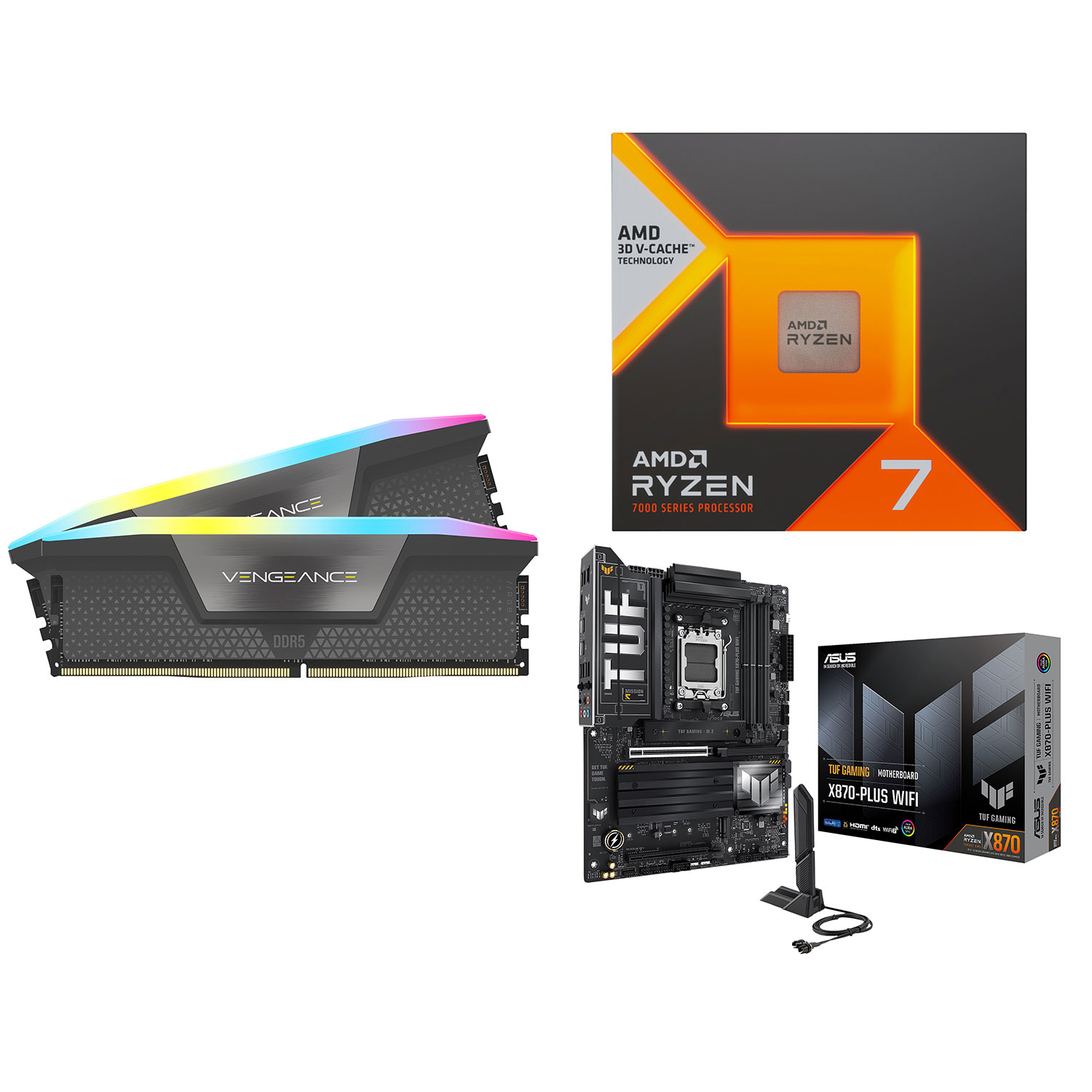Mémoire d'ordinateur de bureau Vengeance RGB 32 Go DDR5 6400 MHz de Corsair, carte mère TUF GAMING d'ASUS et processeur Ryzen 7 7800X3D d'AMD