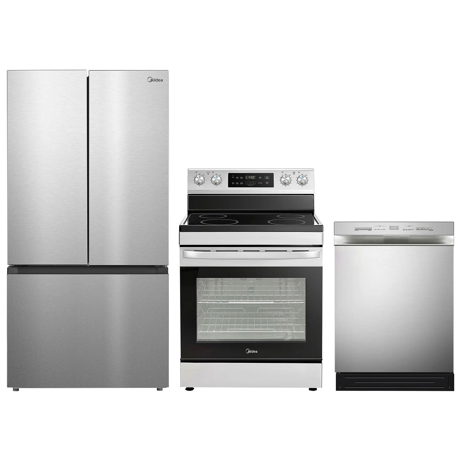 Midea 33" 22.6 Cu. Ft. French Door Refrigerator; Electric Range; Dishwasher - Stainless Steel