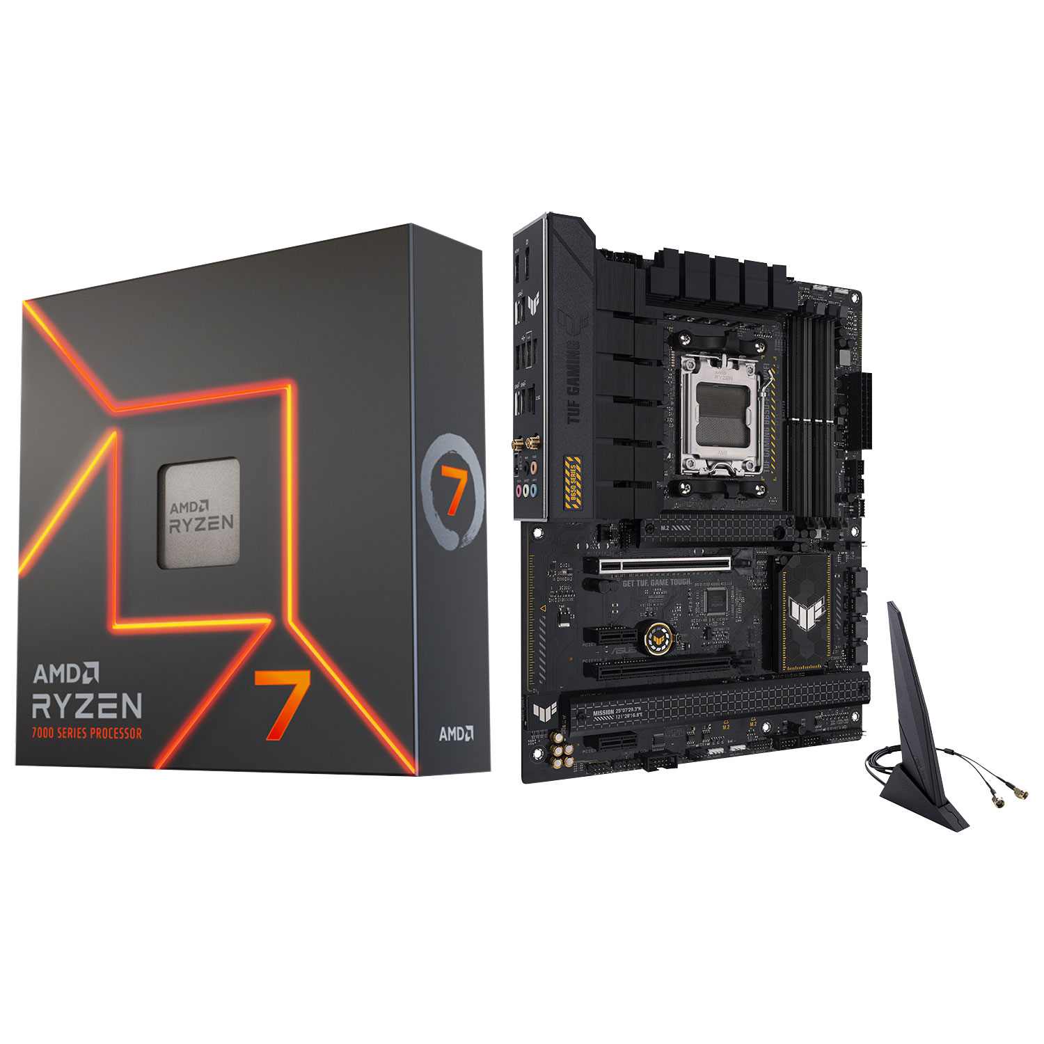 Processeur octocoeur AM5 4,5 GHz Ryzen 7 7700X d'AMD et carte mère de jeu B650-Plus Wi-Fi 6 ATX AM5 DDR5 TUF Gaming d'ASUS