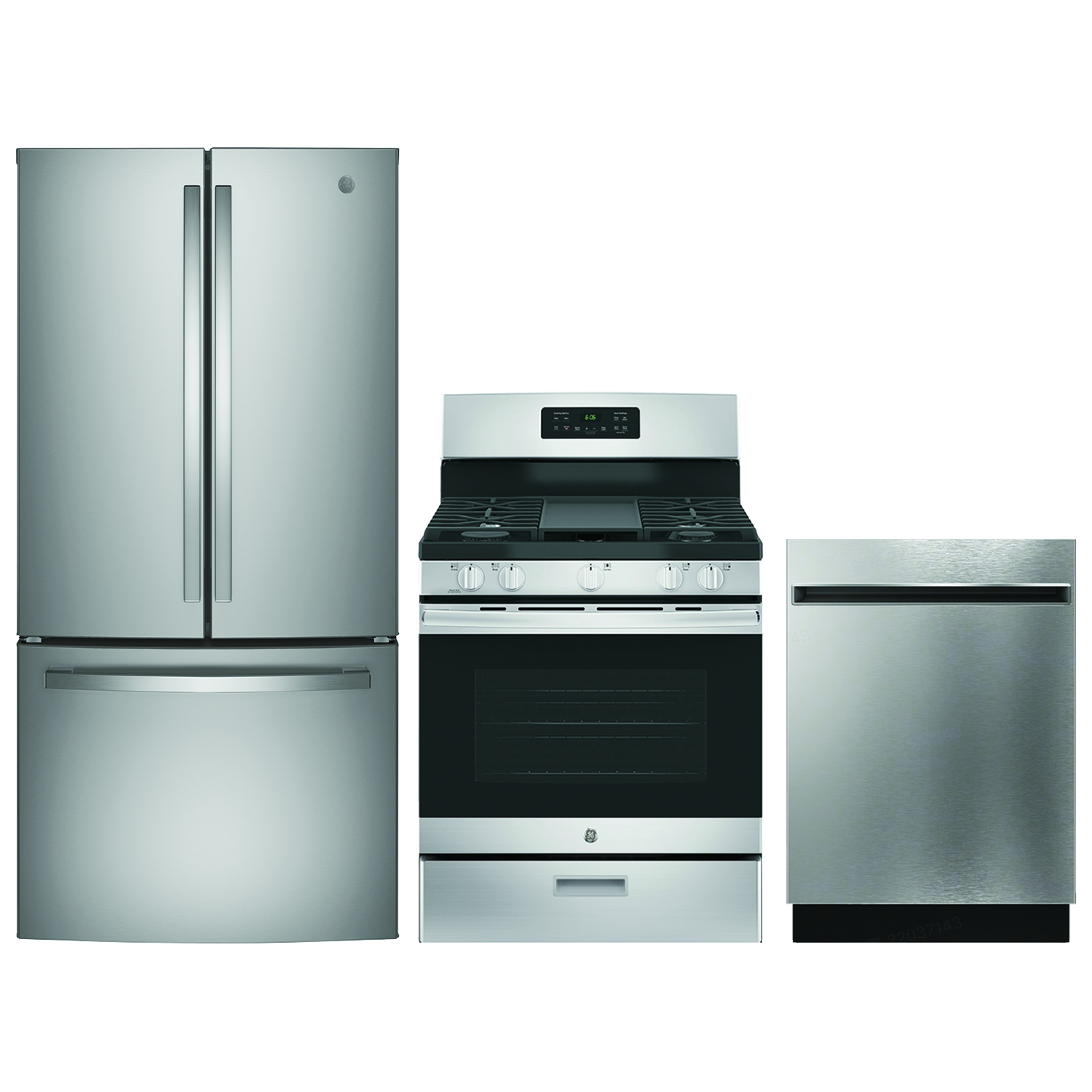 GE 33" 18.6 Cu. Ft. French Door Refrigerator; Gas Range; Dishwasher - Stainless Steel