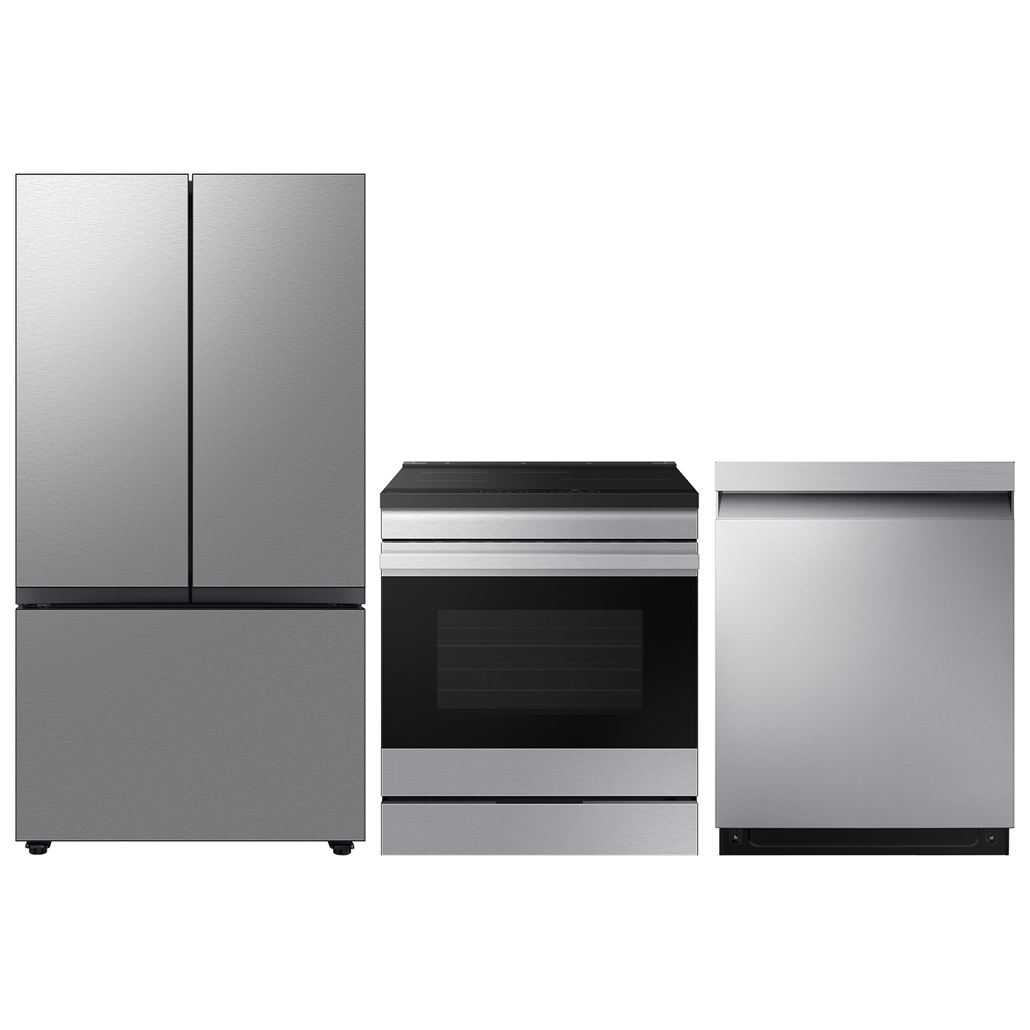 Samsung BESPOKE 36" 23.9 Cu. Ft. Counter Depth 3-Door French Door Refrigerator; Electric Range; Dishwasher - Stainless Steel