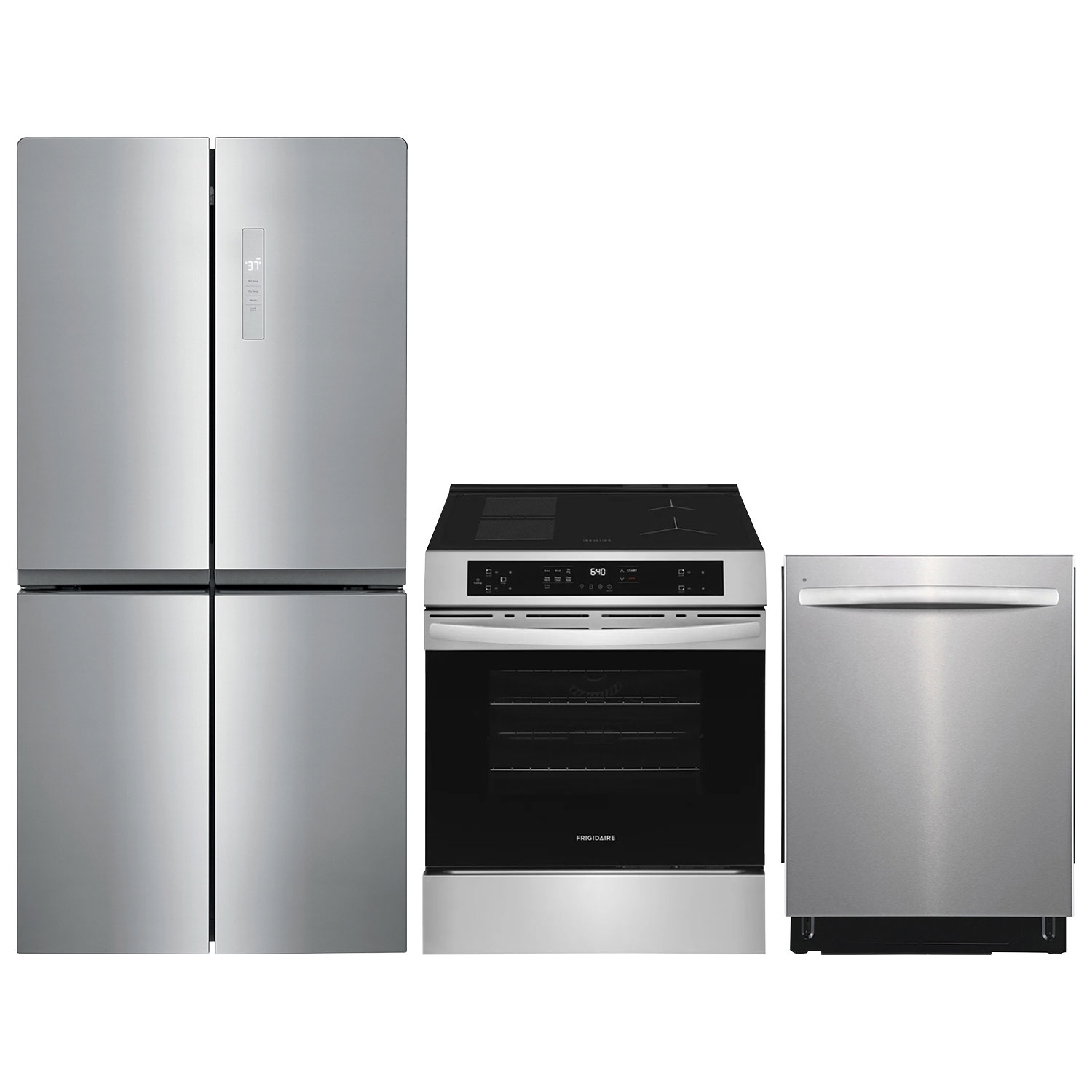 Frigidaire 30" 5.3 Cu. Ft. Fan Convection Induction Air Fry Range; French Door Refrigerator; Dishwasher - Stainless/Brushed Steel