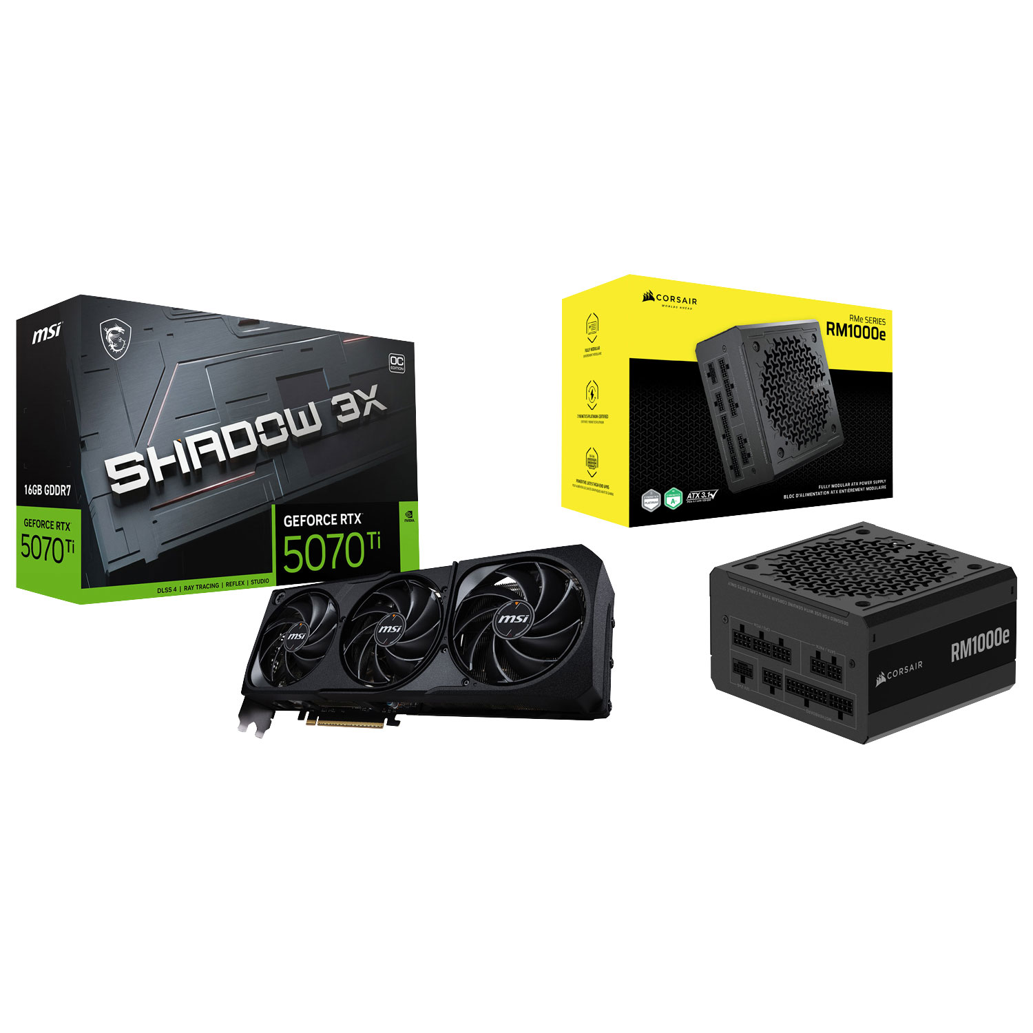 MSI GeForce RTX 5070 Ti Shadow 3x OC 16GB GDDR7 Video Card & Corsair RMe Series 1000-Watt ATX Modular Power Supply