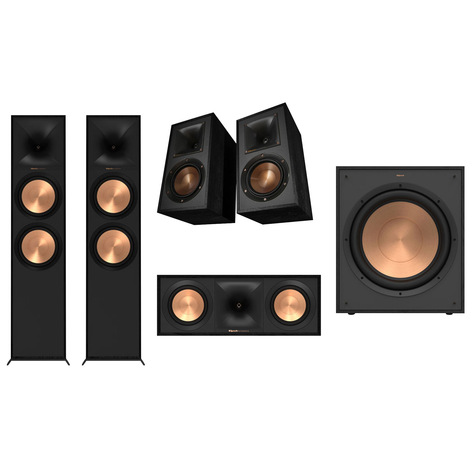 Klipsch Dual R800F 600-Watt 2-Way Tower Speaker (Pair) & Wireless Subwoofer & Center Channel Speaker & Bookshelf Speaker (Pair) - Black