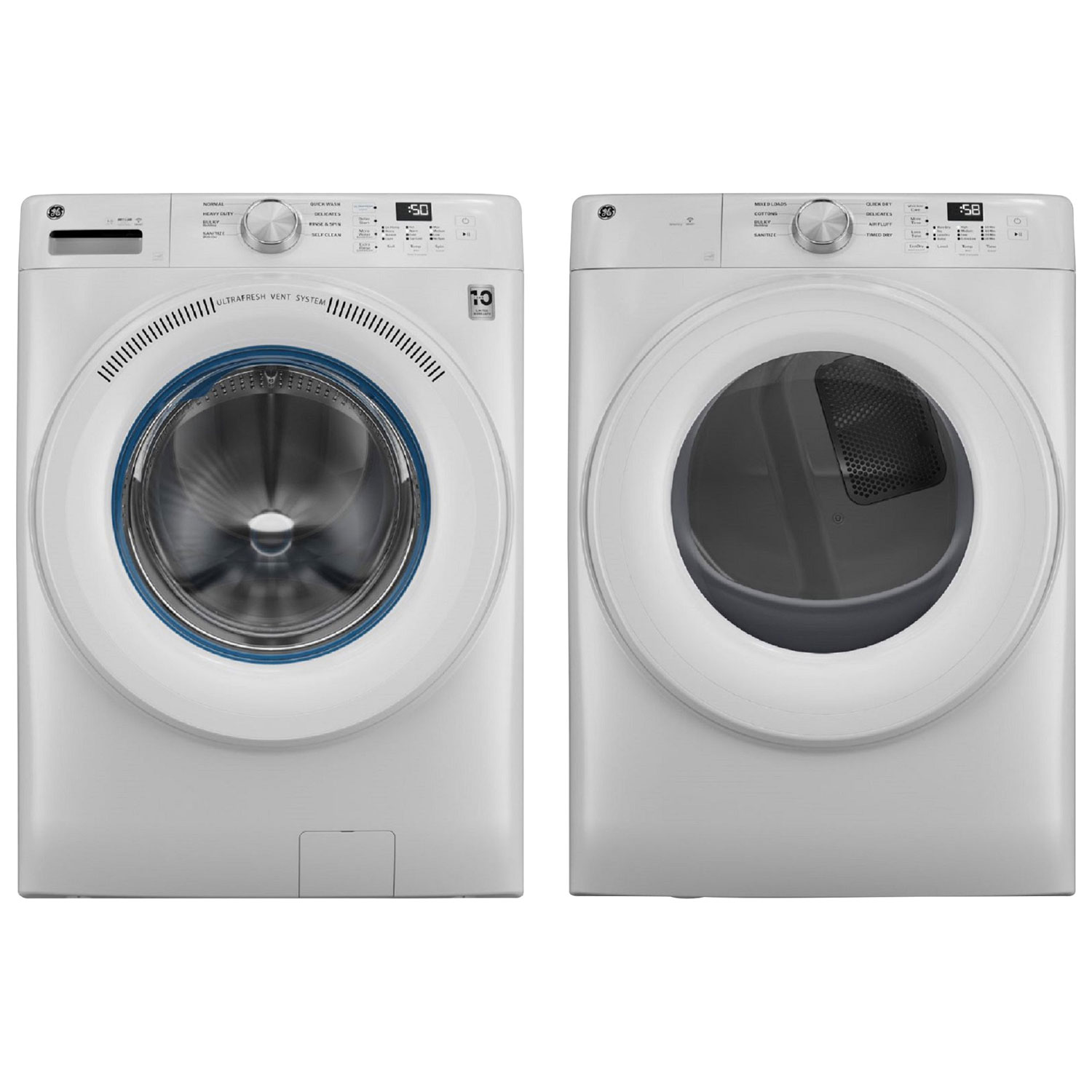GE 5.3 Cu. Ft. High Efficiency Front Load Washer & 7.8 Cu. Ft. Large Capacity Stackable Electric Dryer - White
