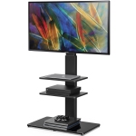 FITUEYES Swivel Floor TV Stand with Mount Height Adjustable for Most TVs up to 65 Inch, Sturdy Tempered Glass Base and Component Shelves for Media Storage
